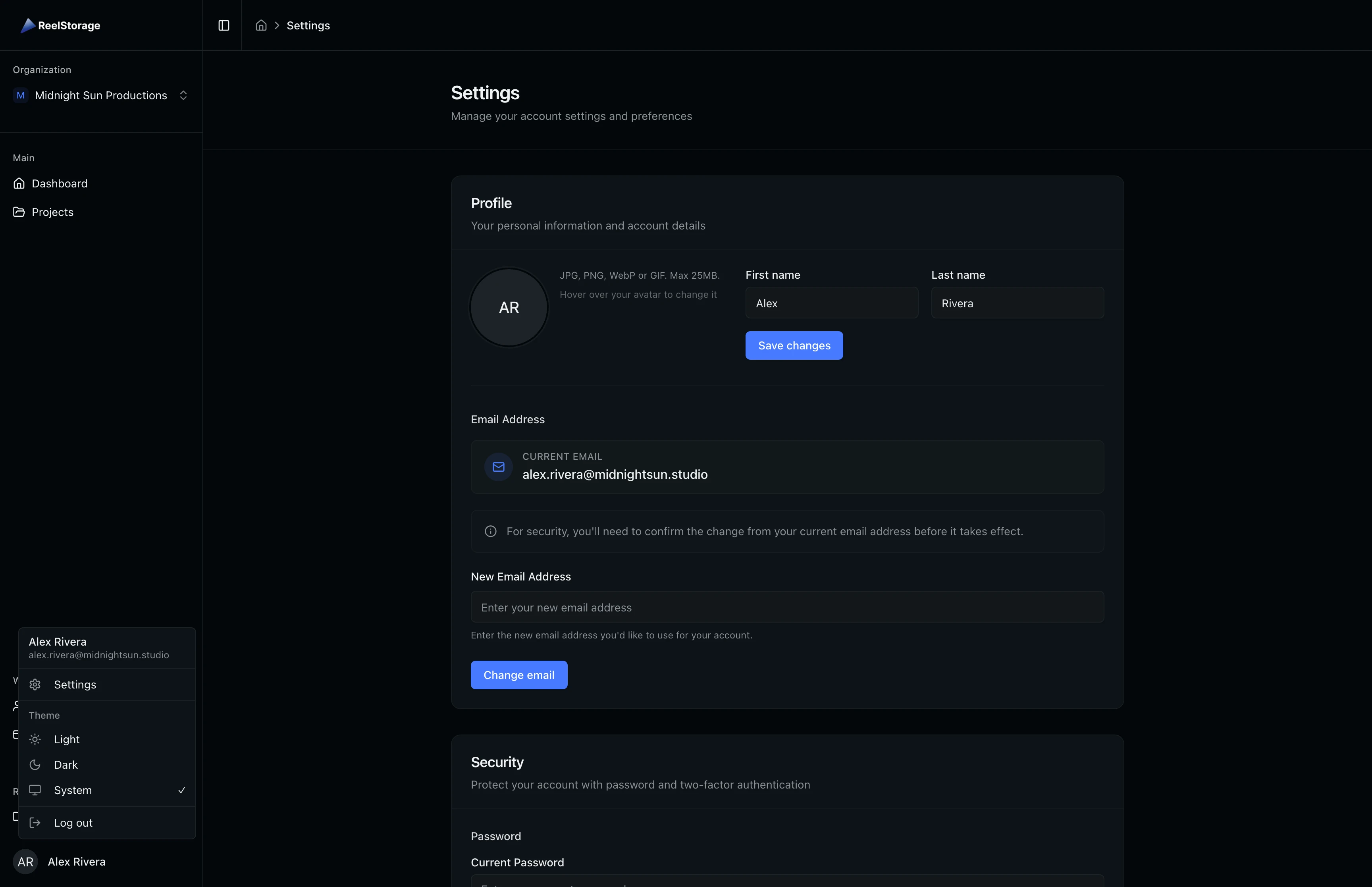 User menu open in the sidebar showing Alex Rivera's name, email, and Settings option