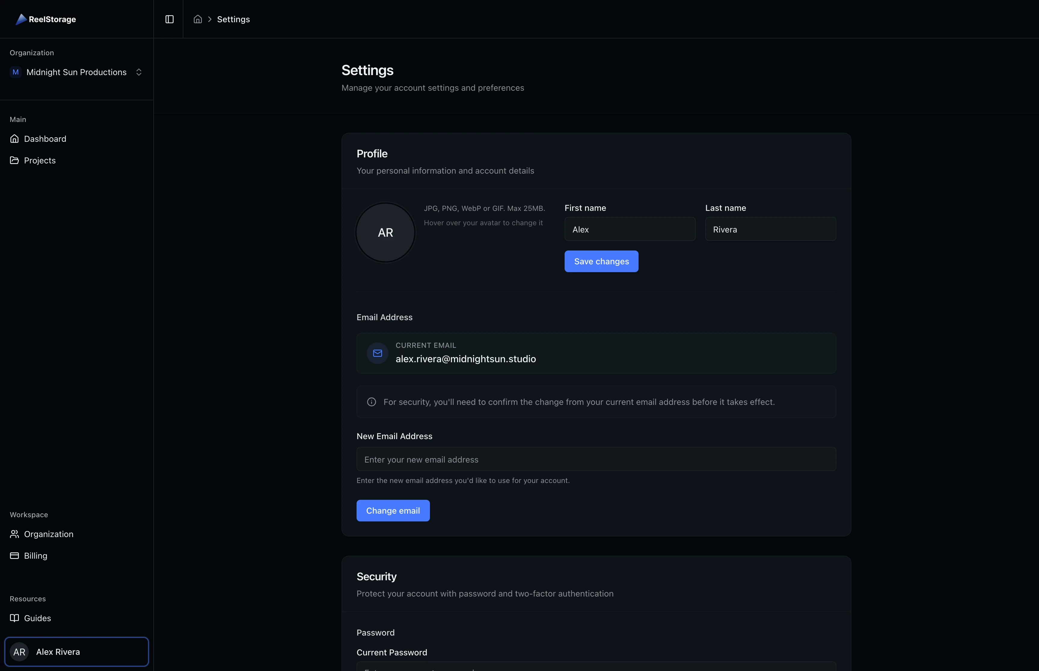 The Settings page showing the Profile section with avatar upload, name fields, and email address