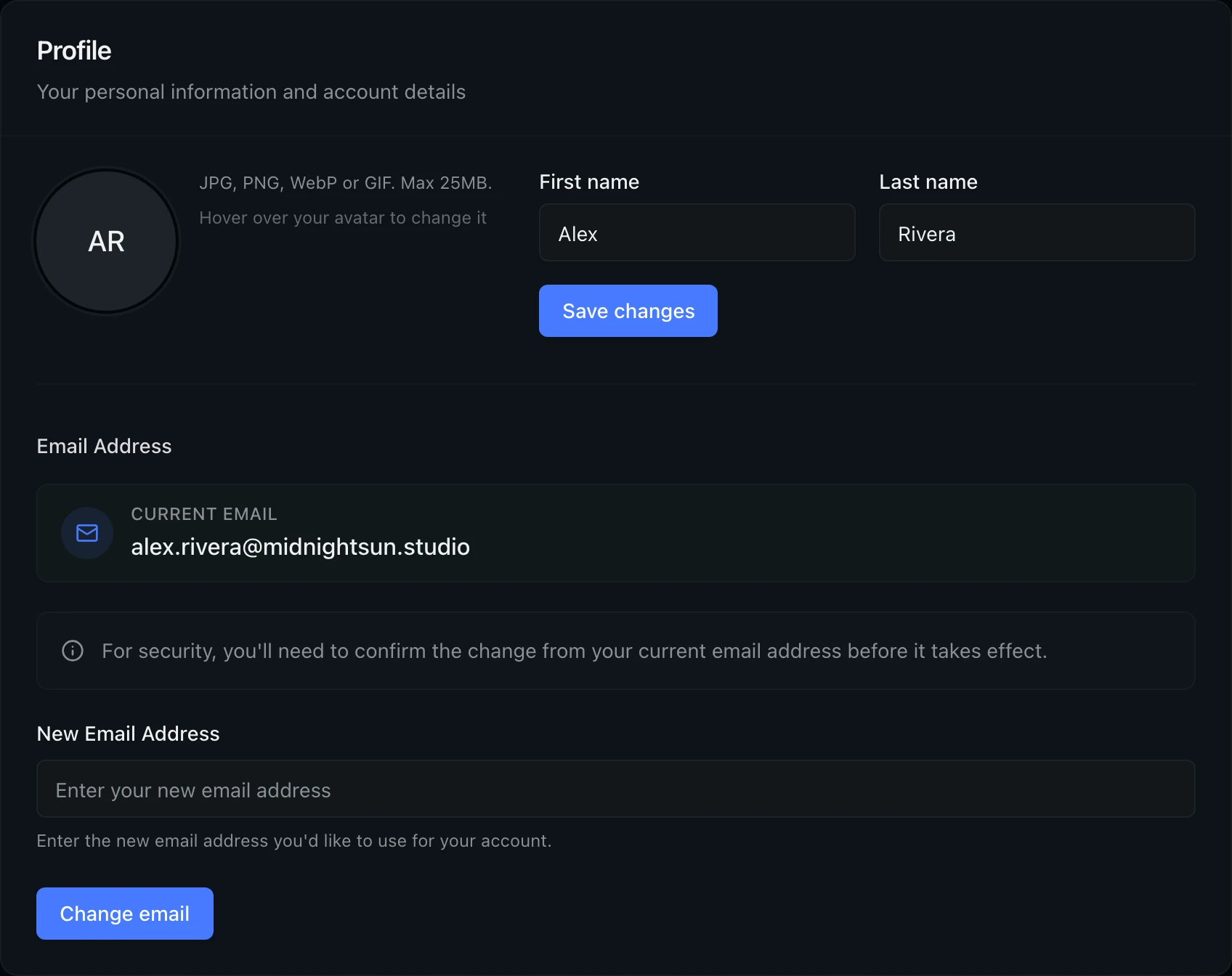 Profile card showing avatar upload area, first name set to Alex, last name set to Rivera, current email badge, and Save changes button