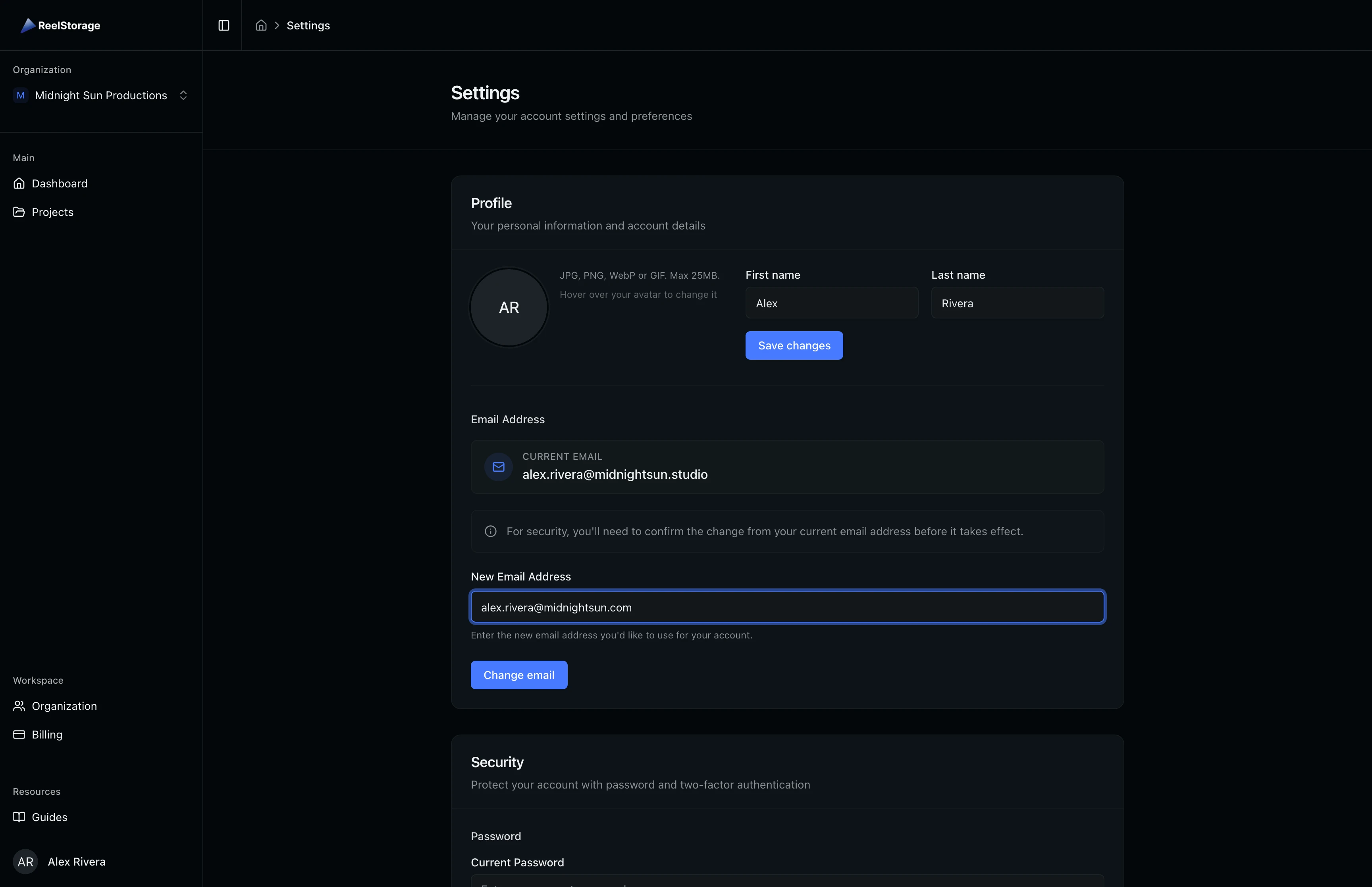 Email address section showing the current email badge and the new email input field filled in