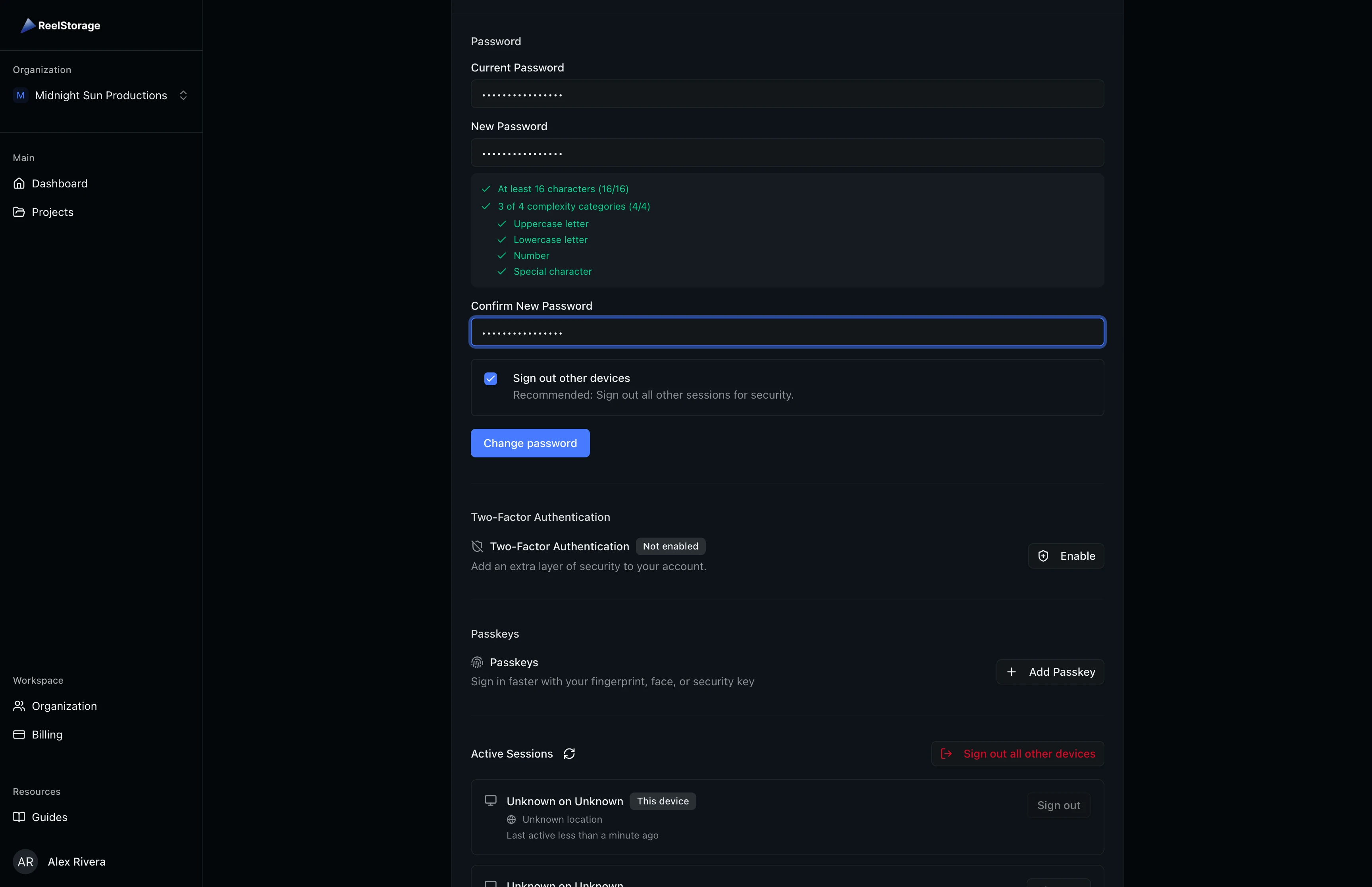 Security section showing current password, new password, and confirm password fields filled in with the change password button