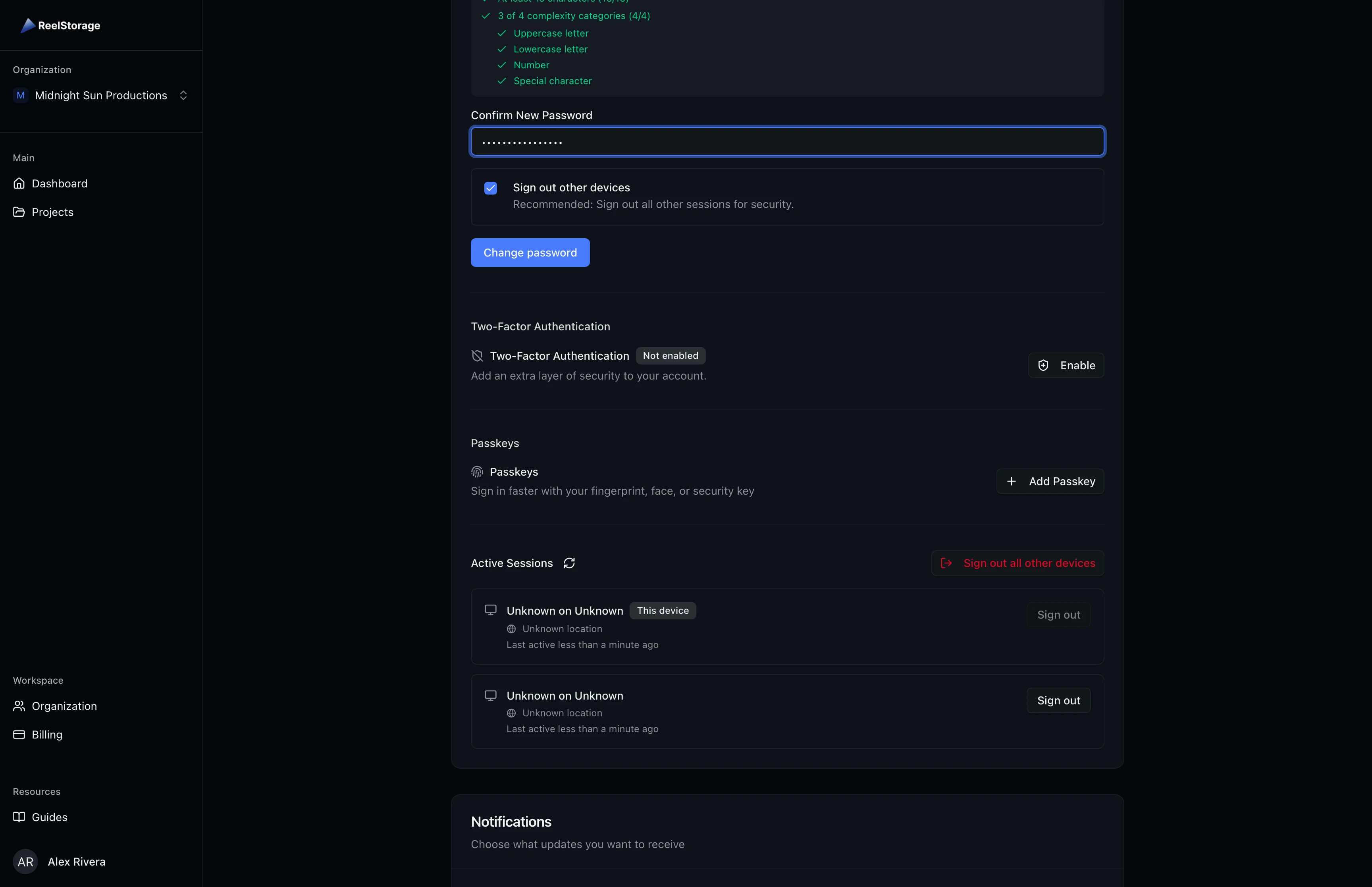 Active Sessions subsection listing current browser sessions with sign-out buttons