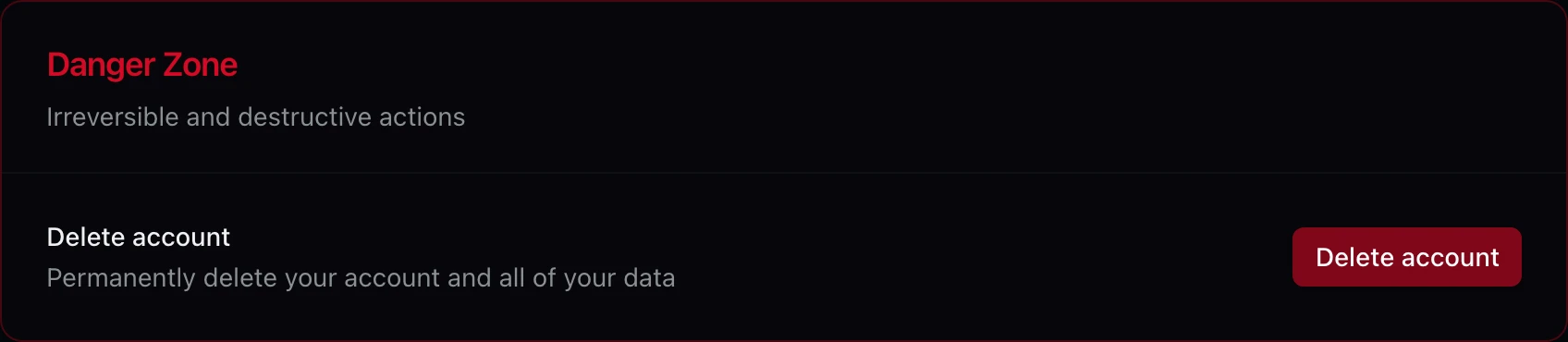 Danger Zone card with the red Delete account button and permanent deletion warning