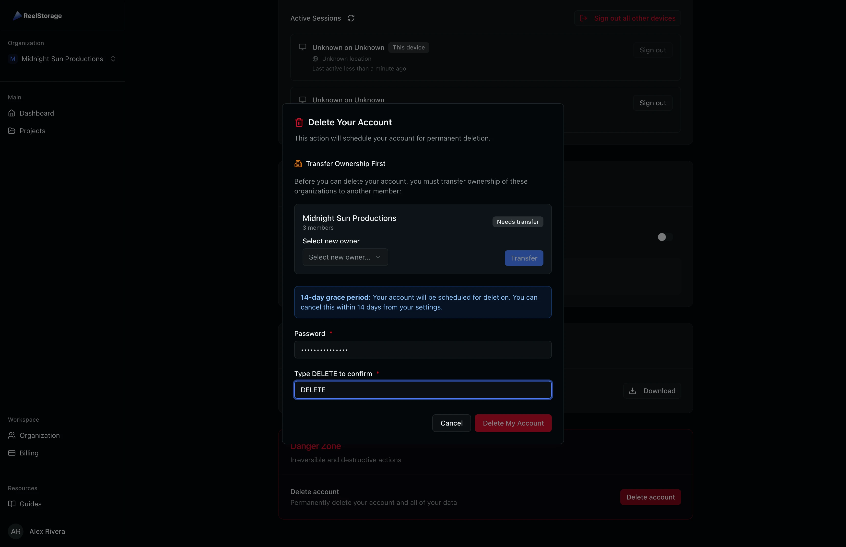Delete account dialog with ownership transfer for Midnight Sun Productions, 14-day grace period notice, and password and DELETE confirmation fields filled in