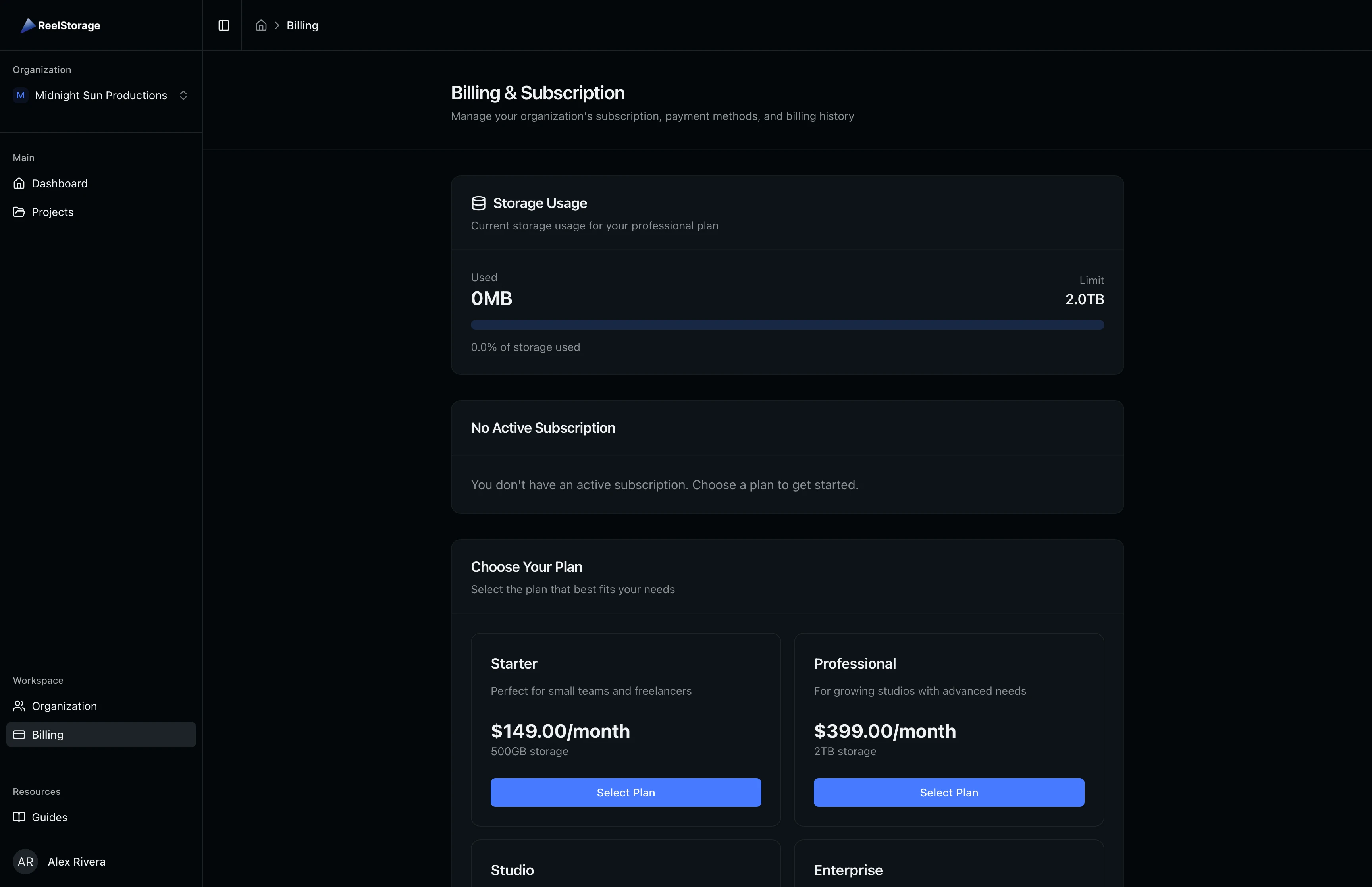 Billing page overview showing storage usage, subscription status, and available plans