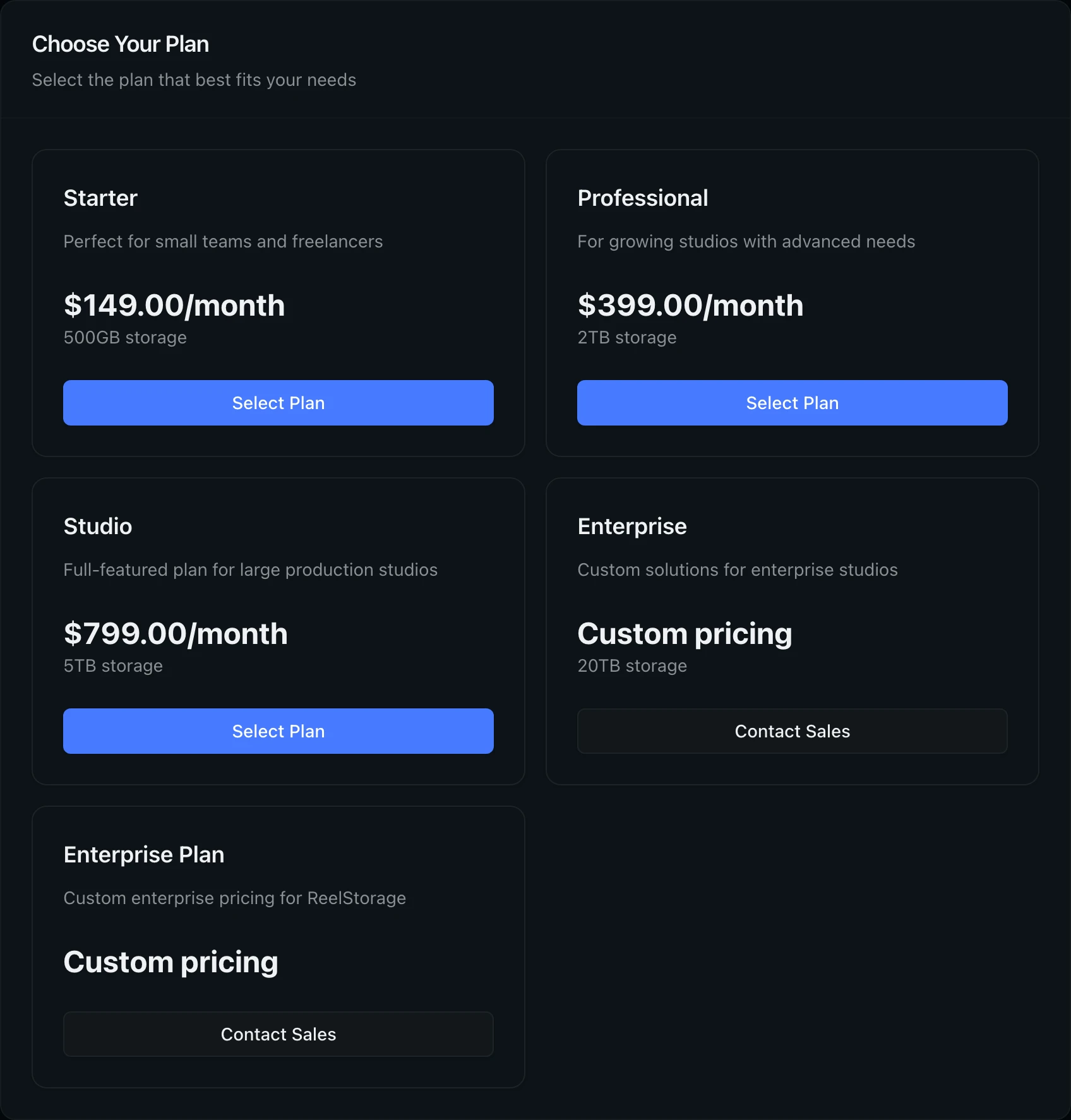 Available plan cards showing Starter, Professional, Studio, and Enterprise tiers with pricing and features
