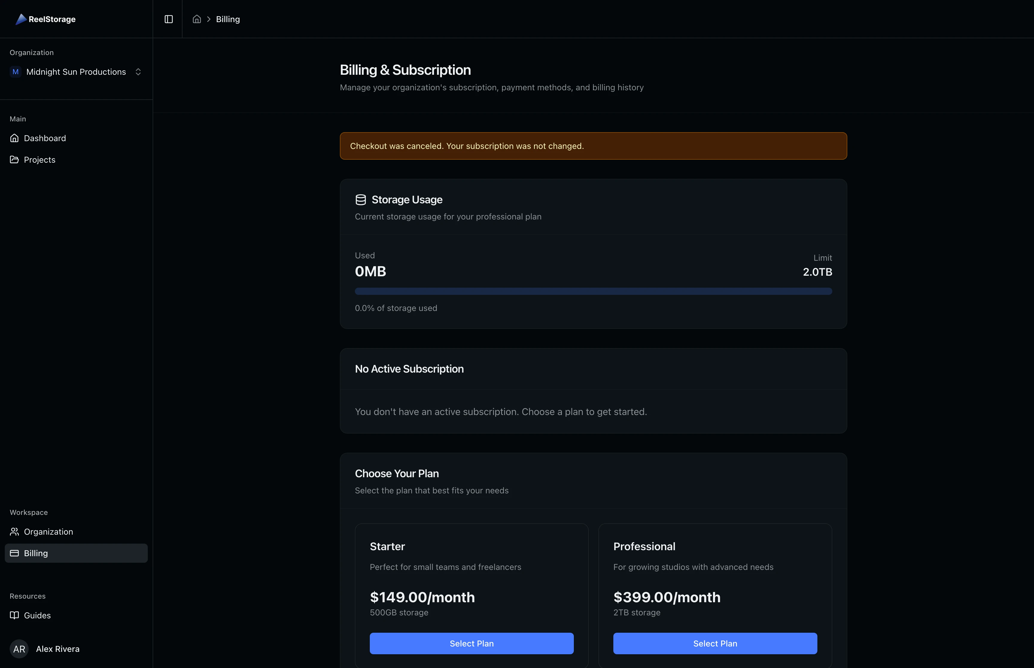 Yellow alert banner indicating checkout was canceled