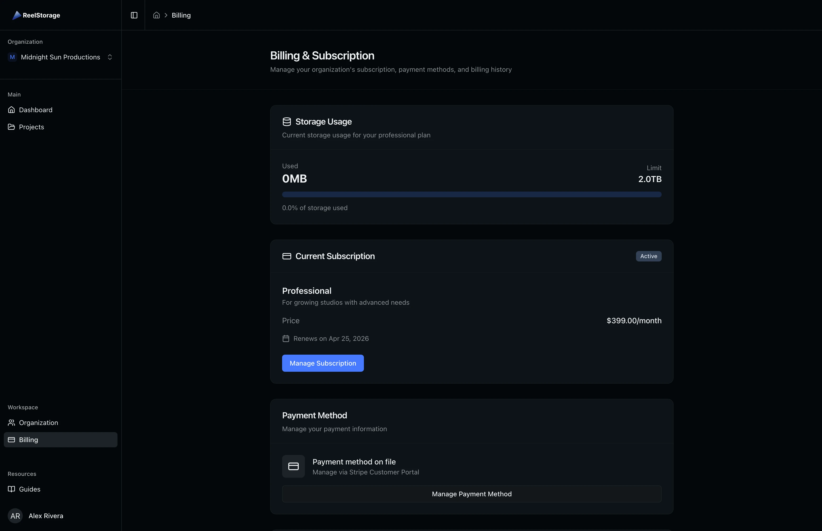 Billing page with an active Professional subscription showing plan details