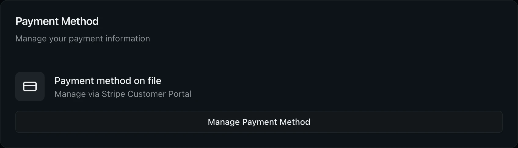 Payment Method card with Manage Payment Method button