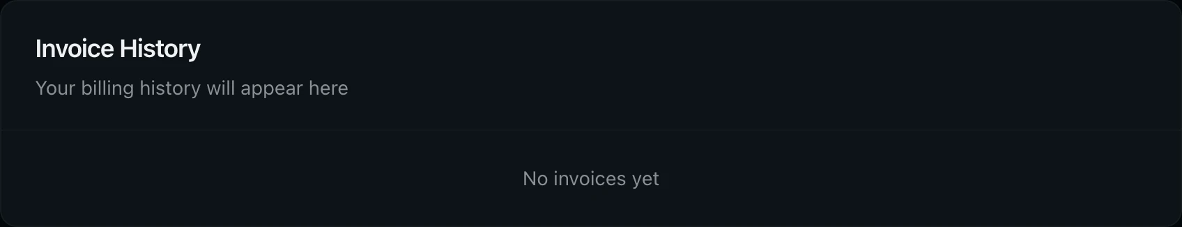Invoice History section showing past invoices with view and download options