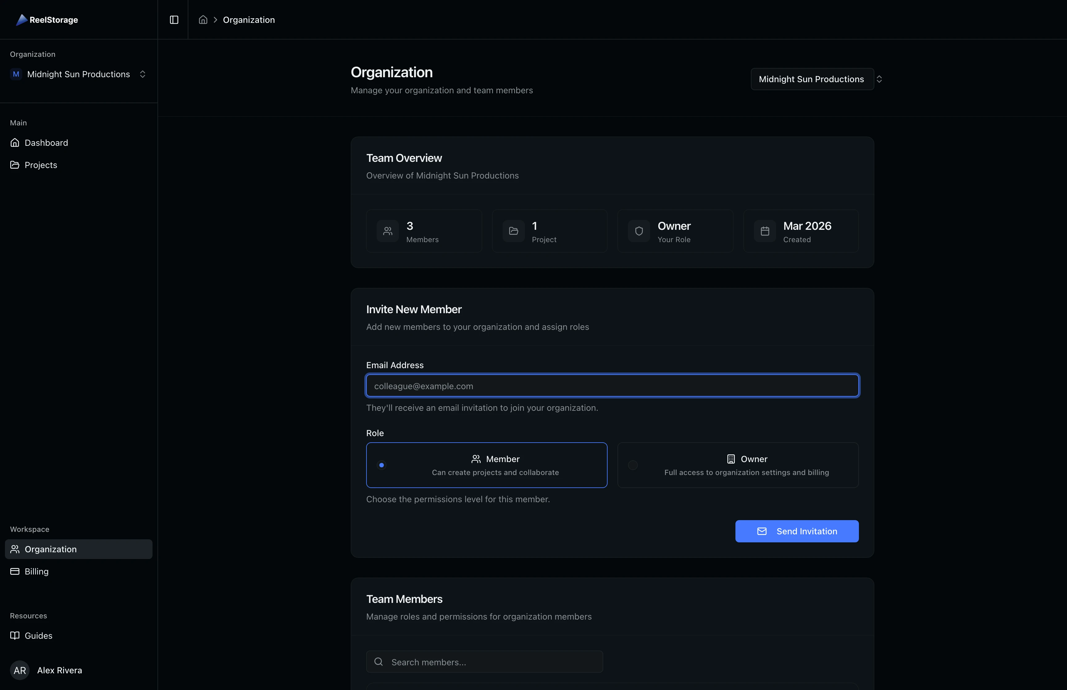 Team Members section showing Alex Rivera, Jordan Kim, and Casey Nguyen with their roles and MFA status badges