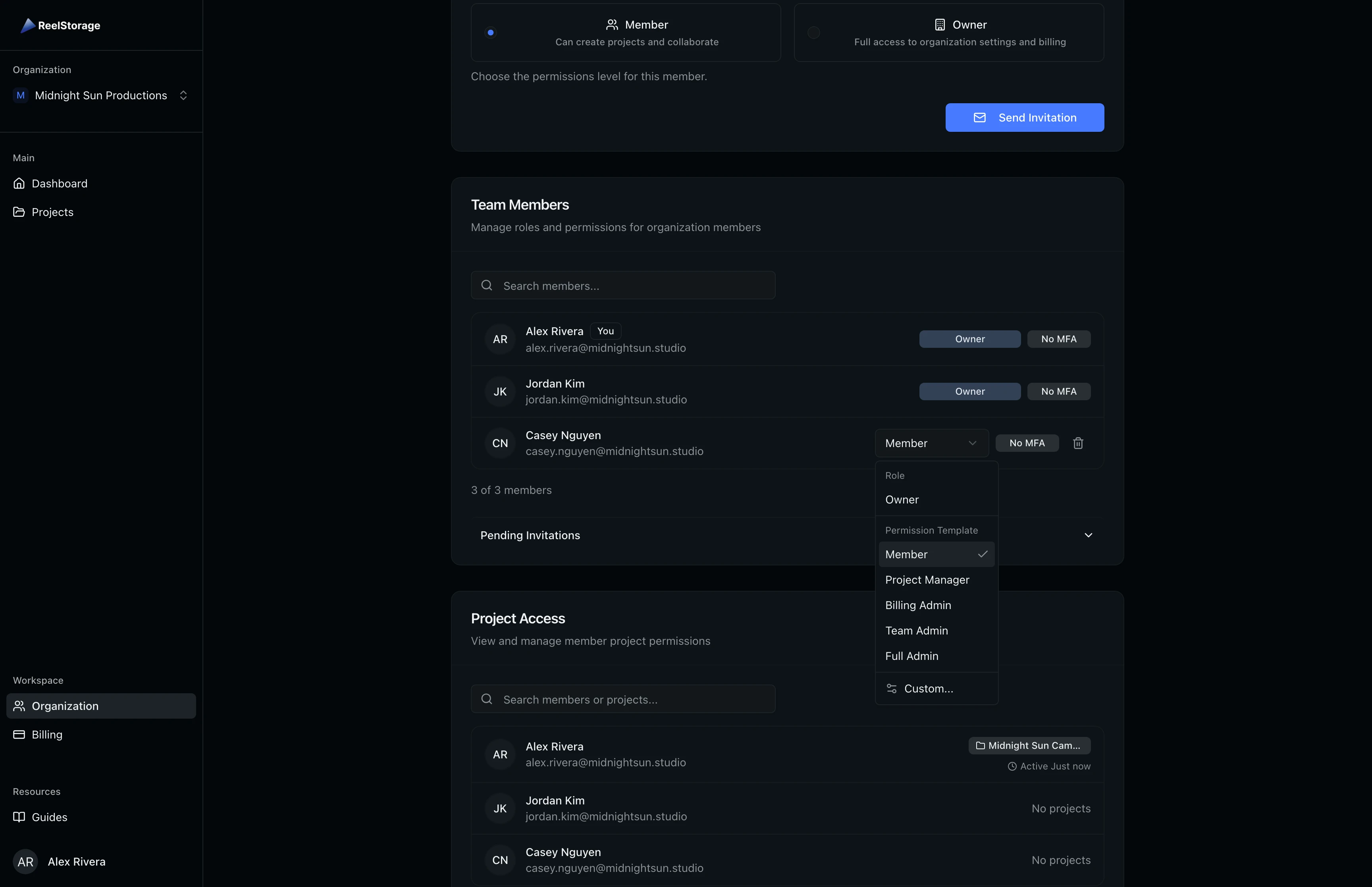 Role dropdown open for Casey Nguyen showing permission templates: Member, Project Manager, Billing Admin, Team Admin, Full Admin, and Custom option