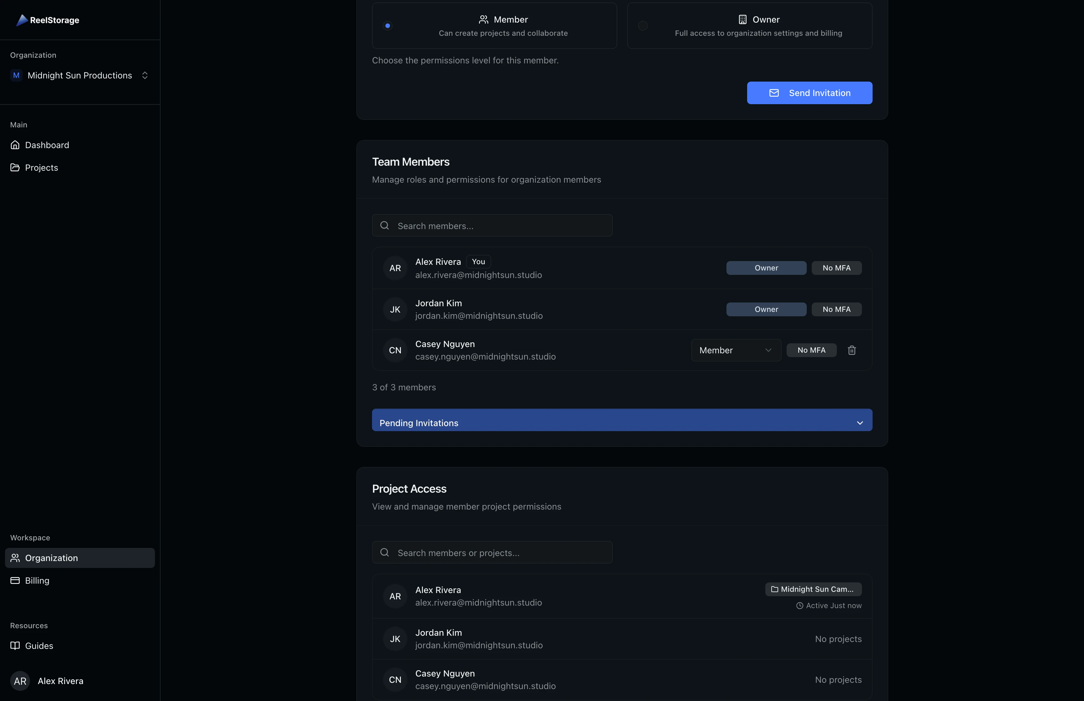 Project Access section showing team members with their project assignments and last active timestamps