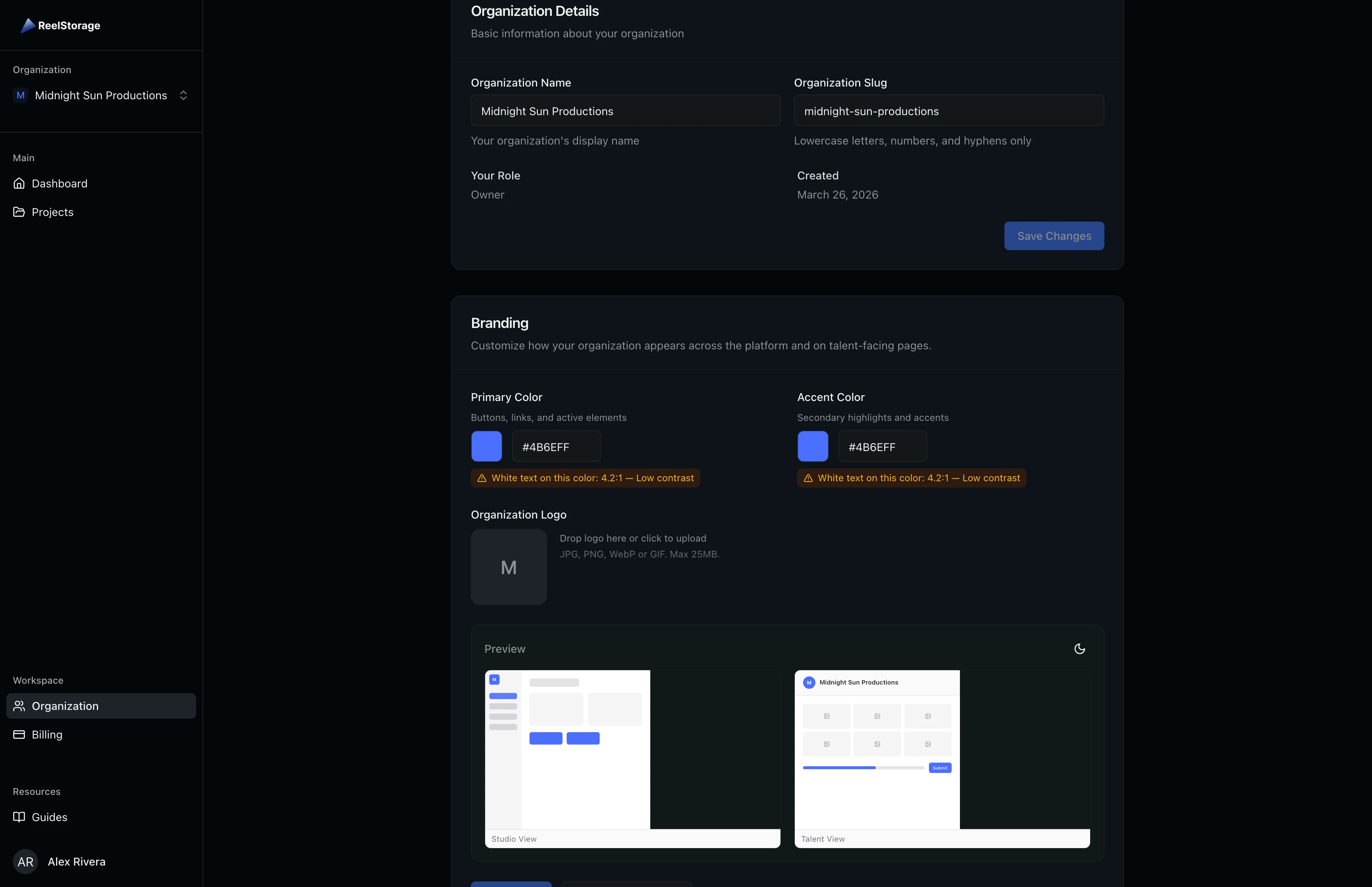 Organization Details form showing Midnight Sun Productions as the name with slug midnight-sun-productions, plus read-only role and creation date fields