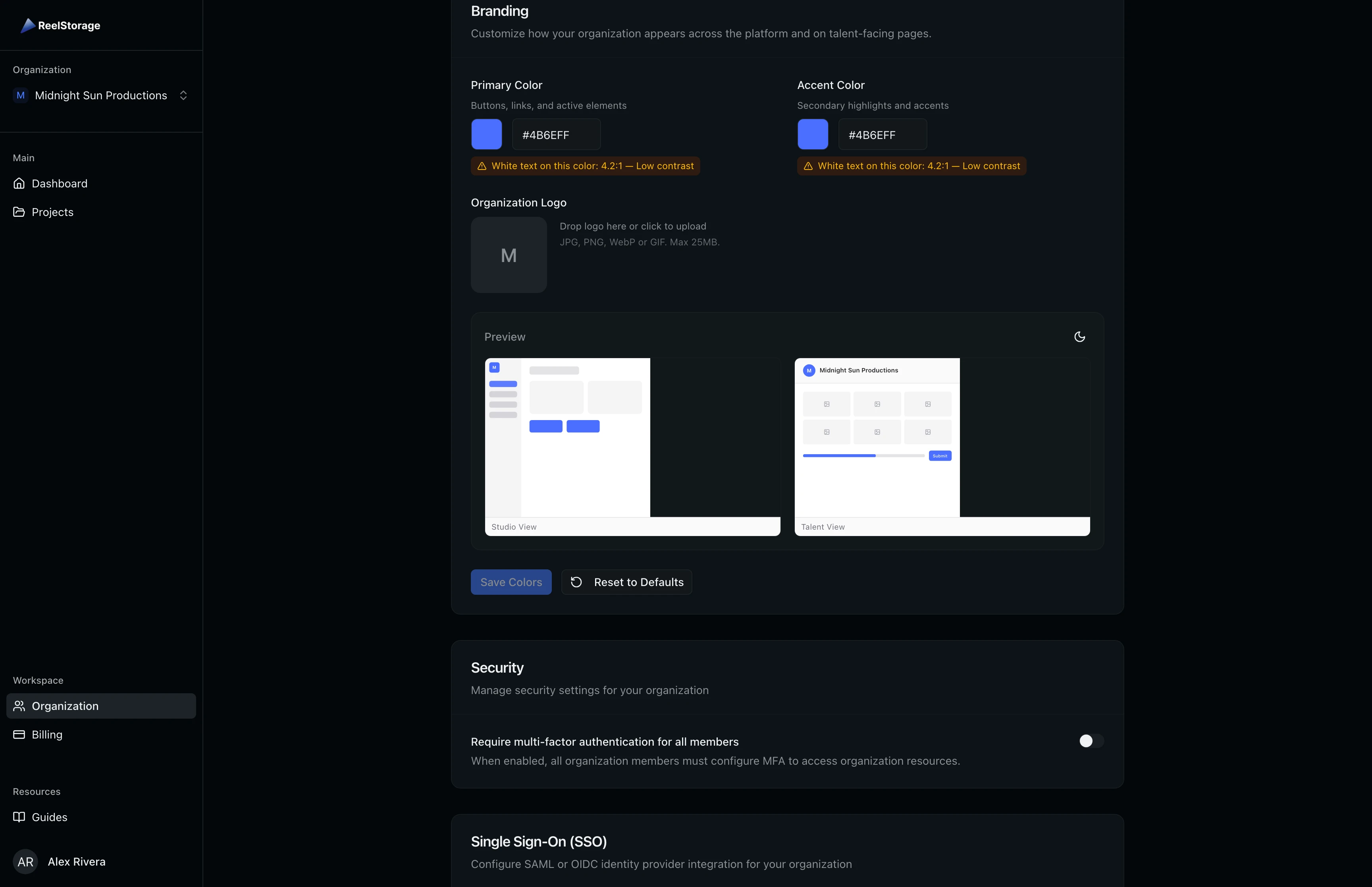 Branding section showing primary and accent color pickers with contrast ratio warnings, logo upload area, and a live preview of both studio and talent portal views