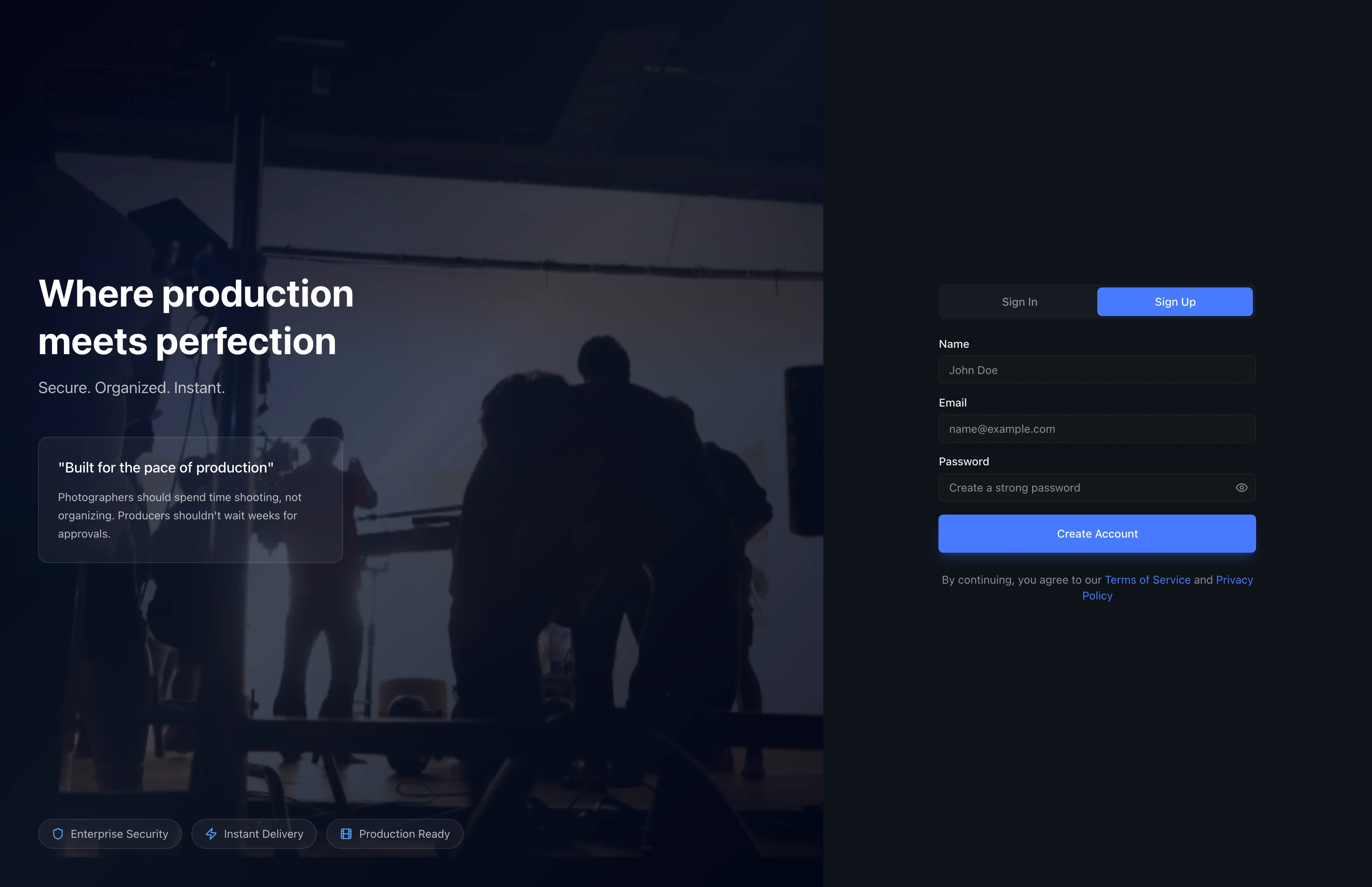 The ReelStorage sign-up page showing the registration form with Name, Email, and Password fields