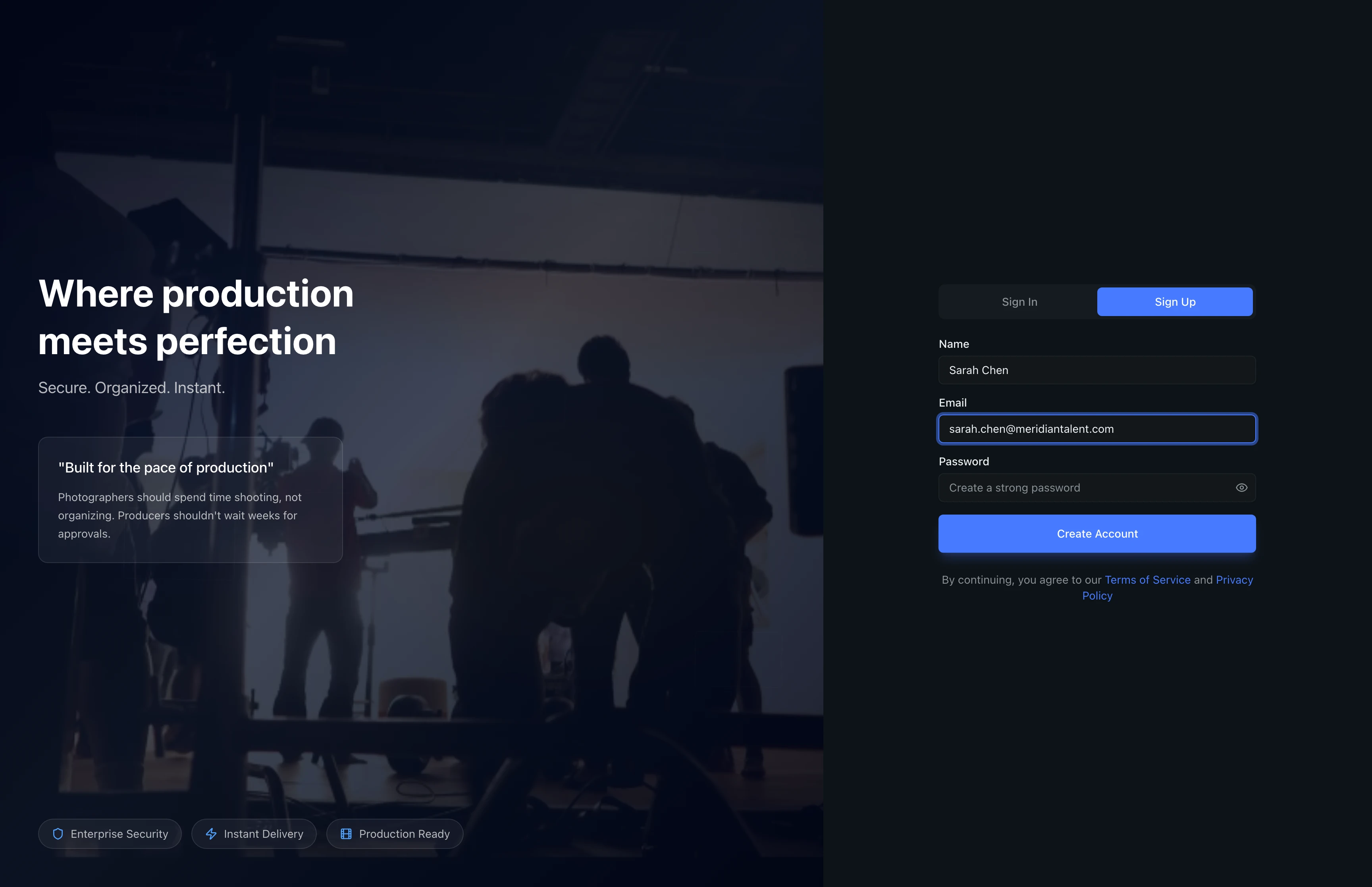 Sign-up form with the Name field filled in as Sarah Chen and the Email field filled in