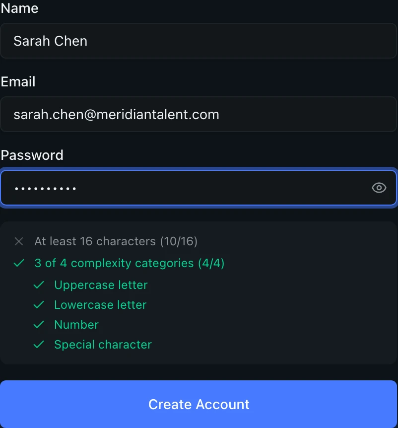 Close-up of the sign-up form showing the password requirements checklist with the length requirement unmet