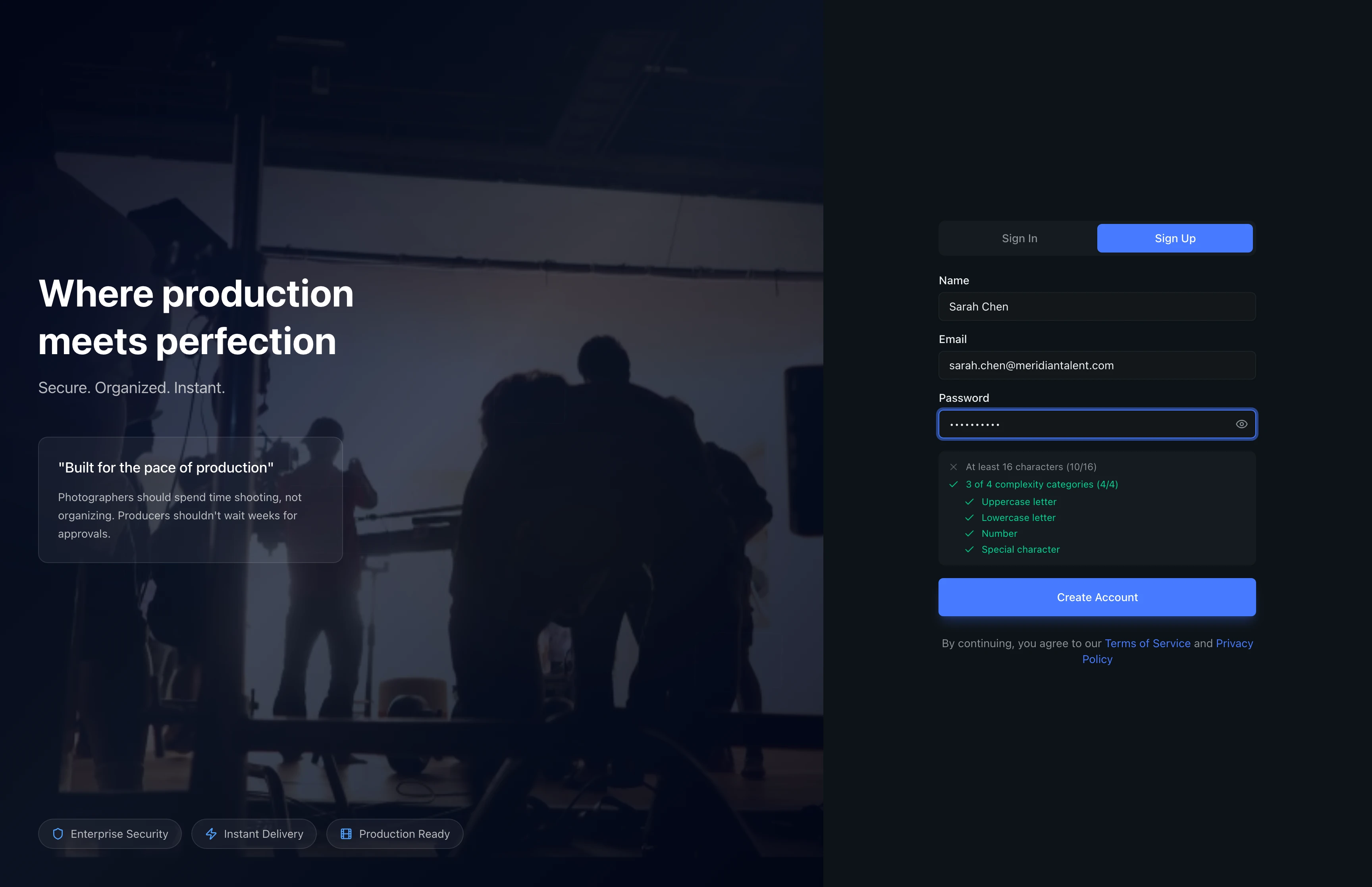 Password field with a short password showing the 16-character requirement not yet met