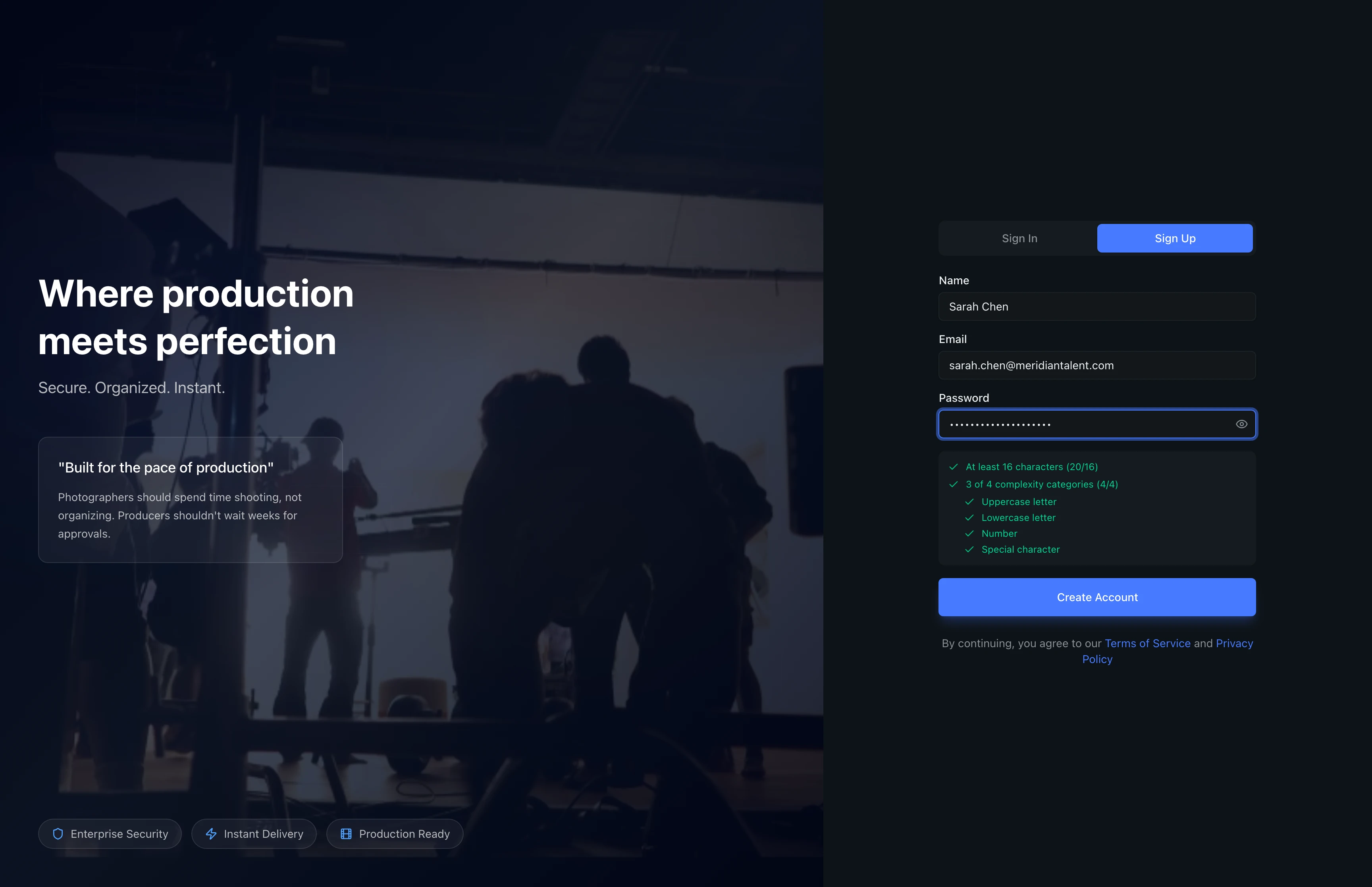 Completed sign-up form with all password requirements met and the Create Account button ready to click