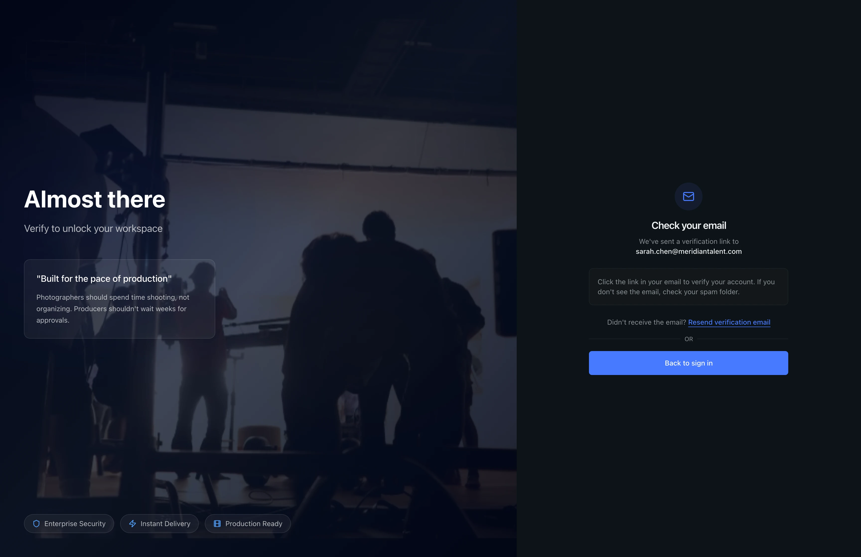 Email verification page showing a mail icon and instructions to check your inbox