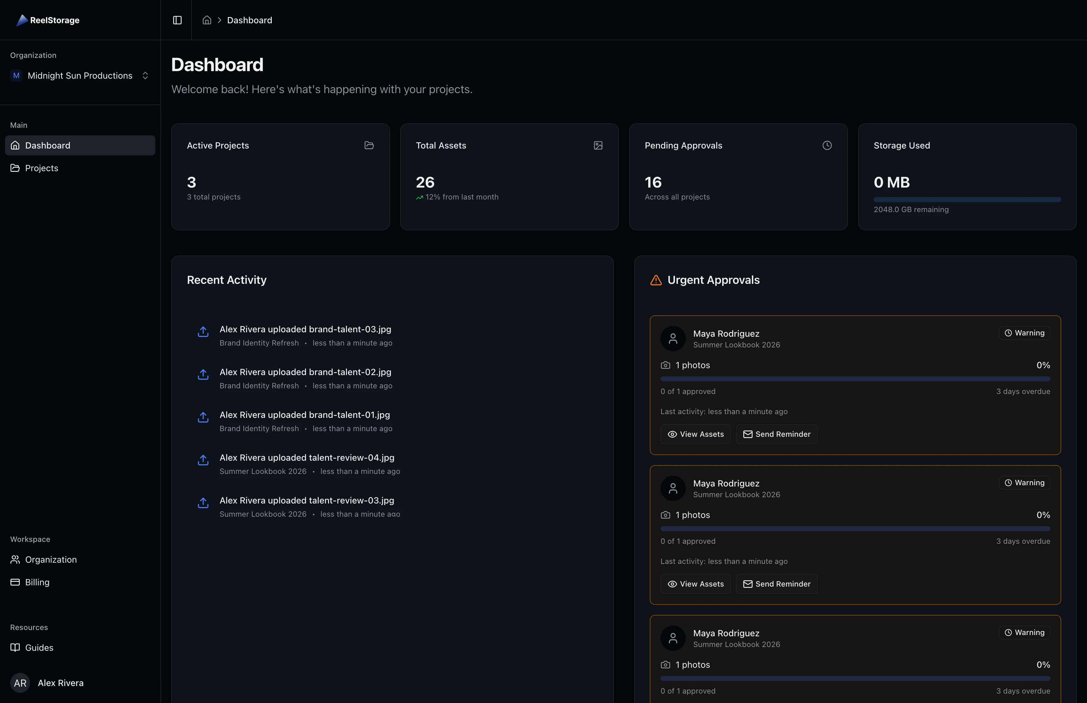 Dashboard overview showing stat cards for active projects, total assets, pending approvals, and storage used