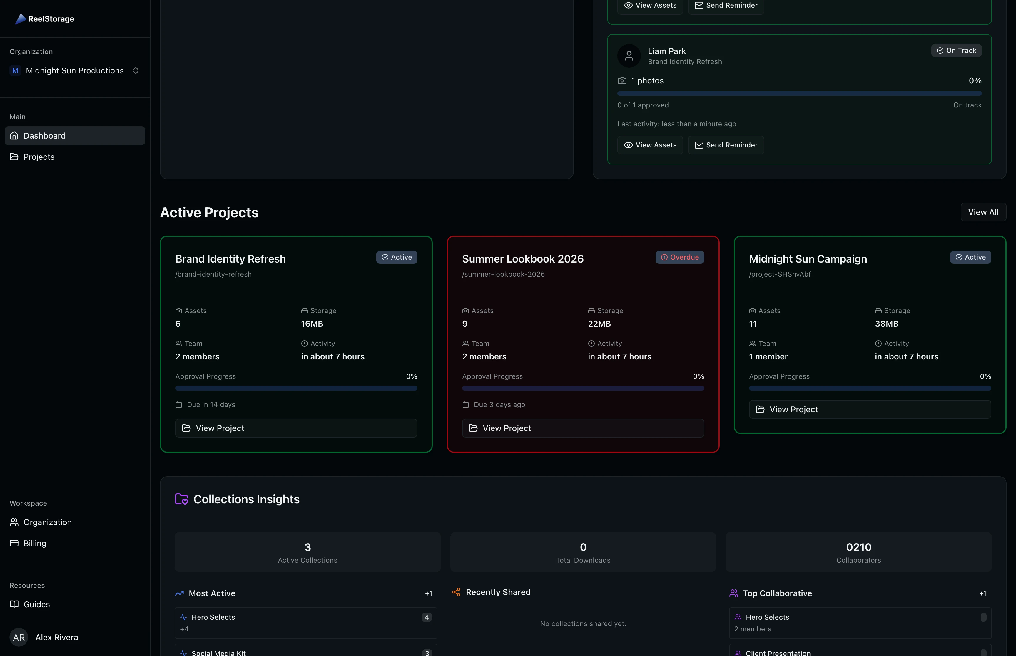 Active project cards showing key metrics like asset count, storage, team size, and approval progress