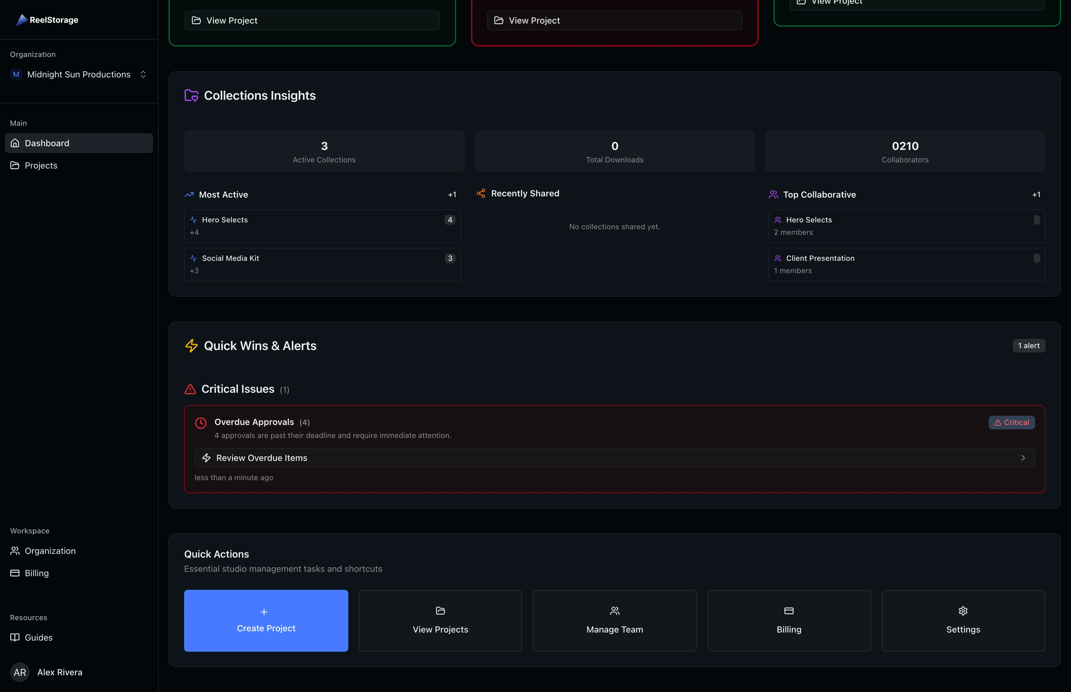 Quick Wins and Alerts section showing critical and warning alerts with action buttons
