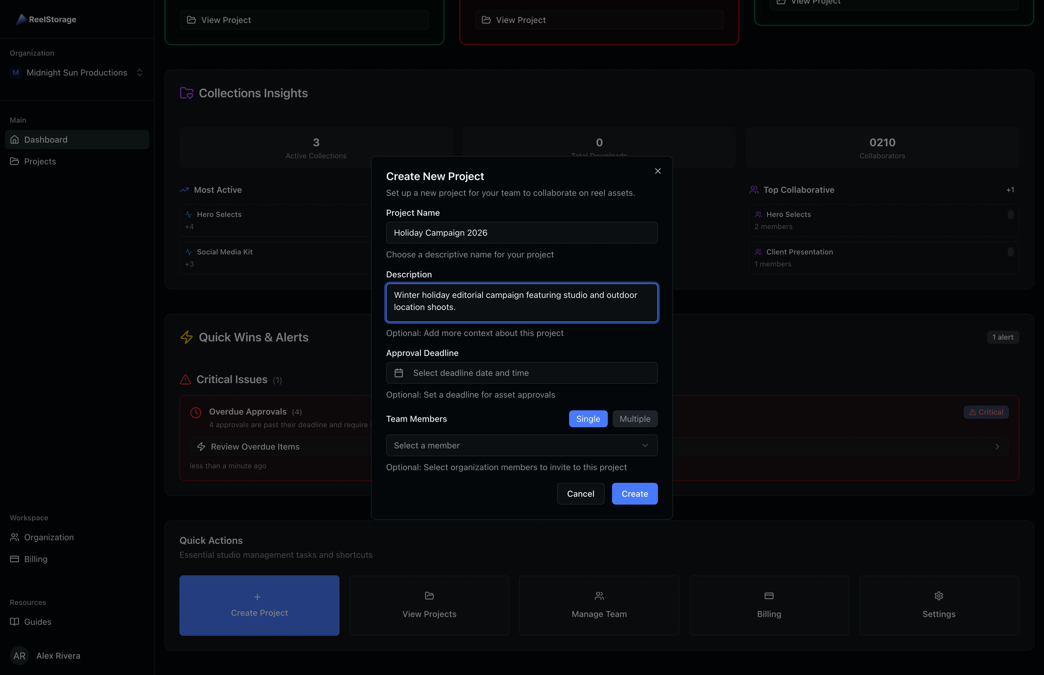 Create Project dialog with project name and description fields filled in