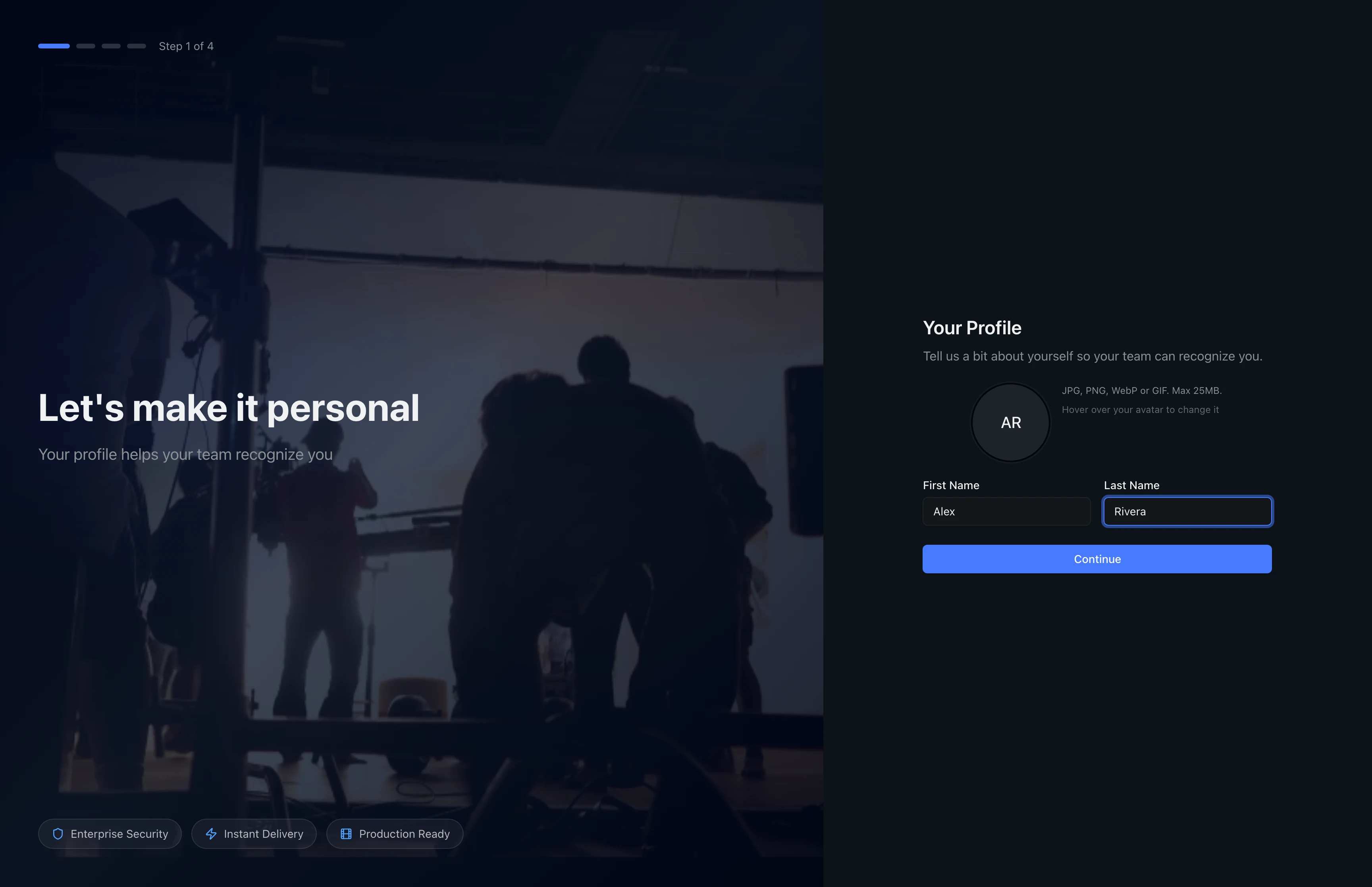 Onboarding profile step showing First Name and Last Name fields filled in with a Continue button