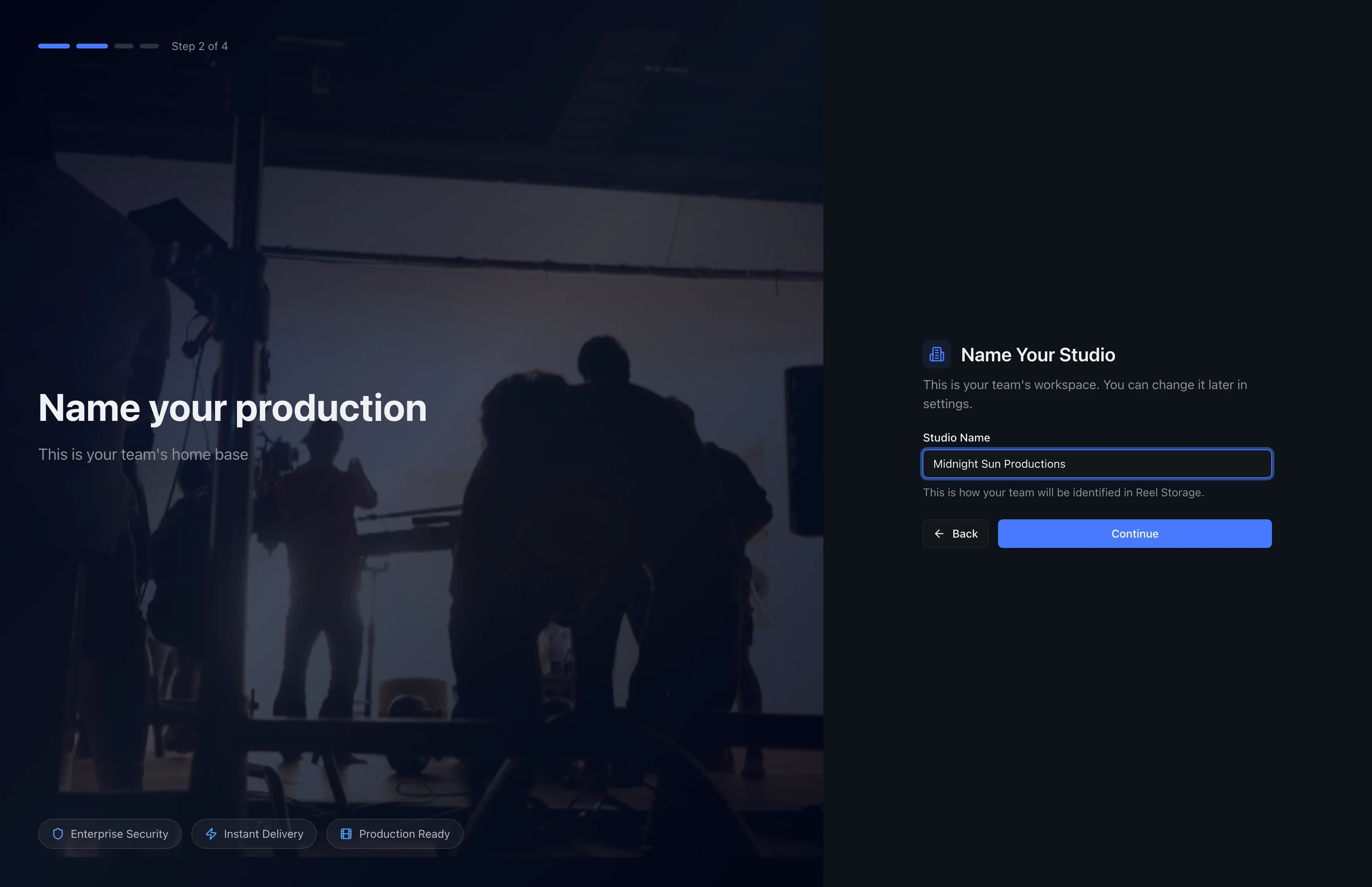 Studio naming step with Studio Name text field filled in and Continue button