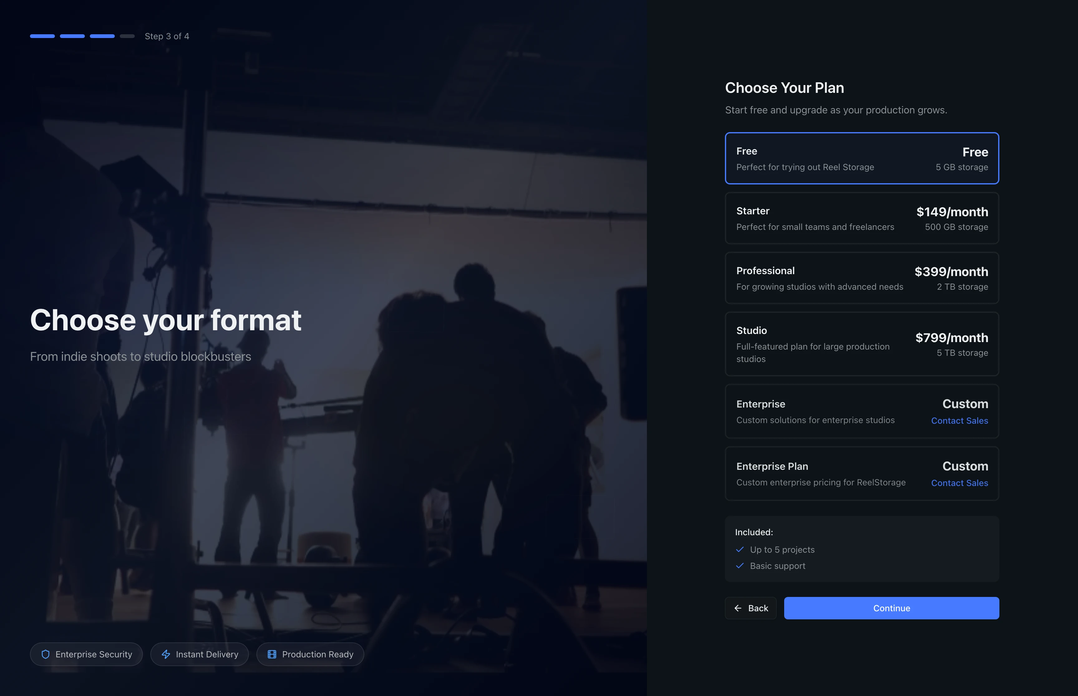 Plan selection step showing the Free plan selected with its included features listed below