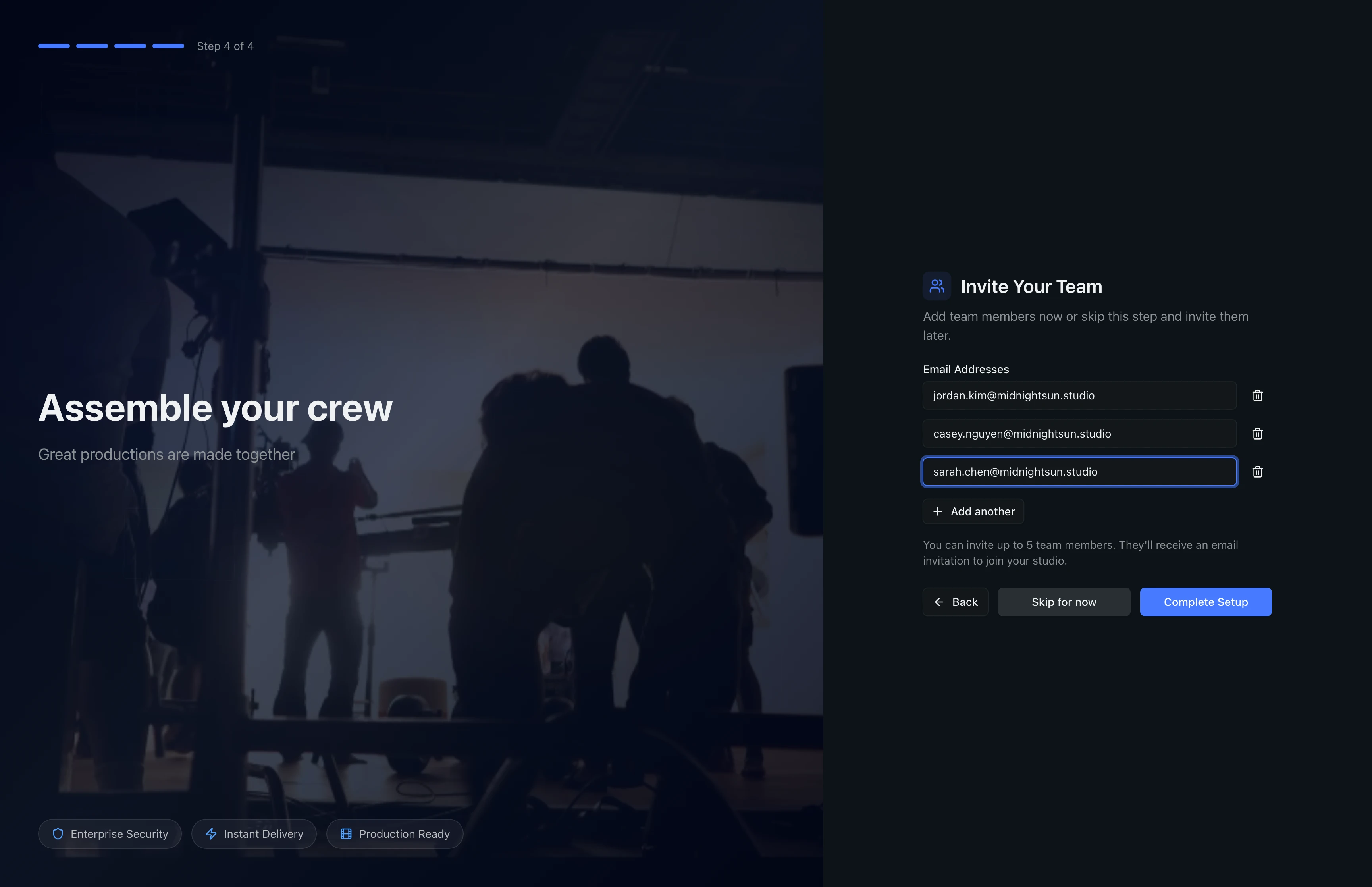 Team invitation step showing three email addresses filled in with options to add more or remove entries