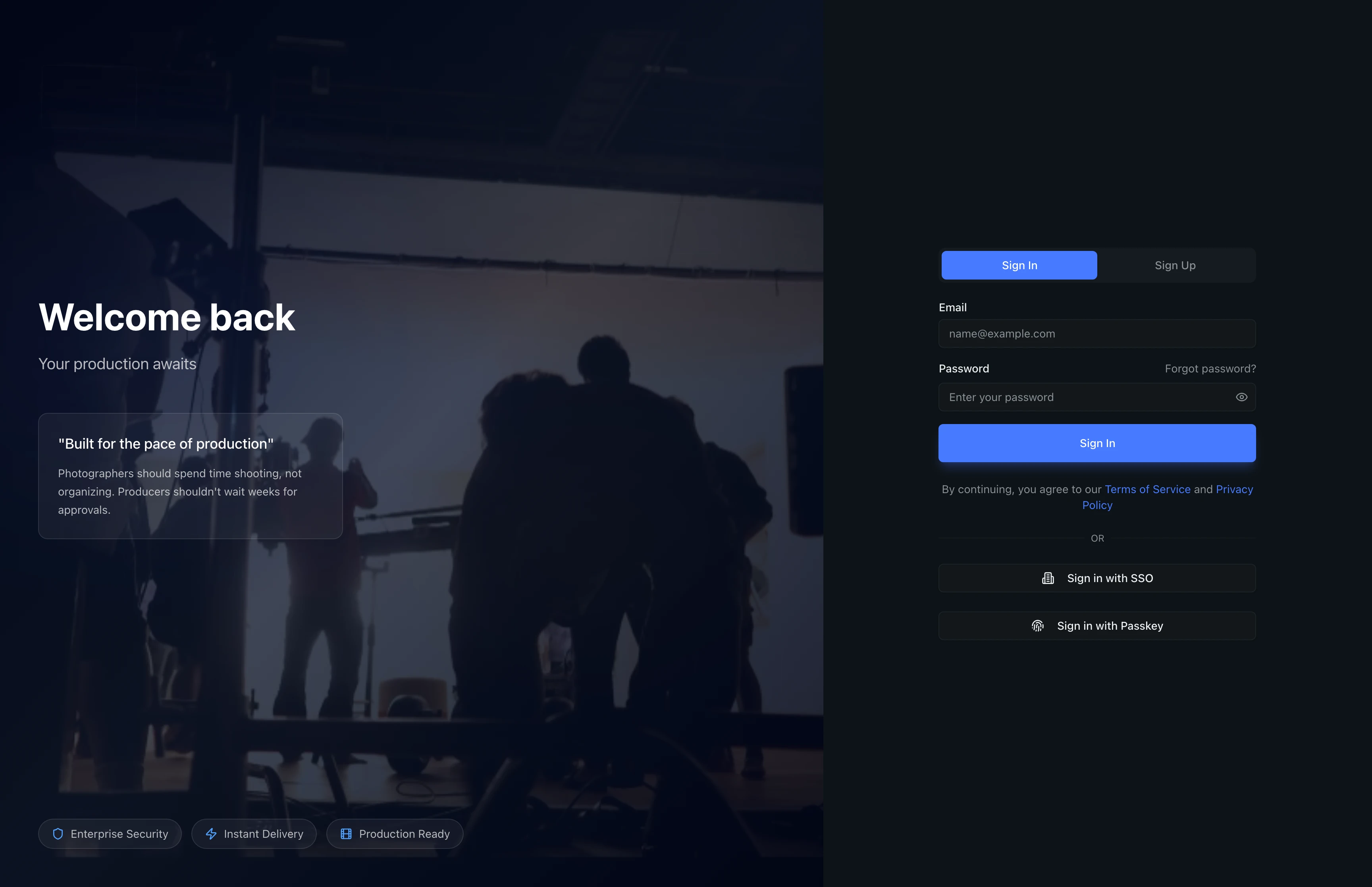 The ReelStorage sign-in page showing Email and Password fields with a Sign In button, plus SSO and Passkey options