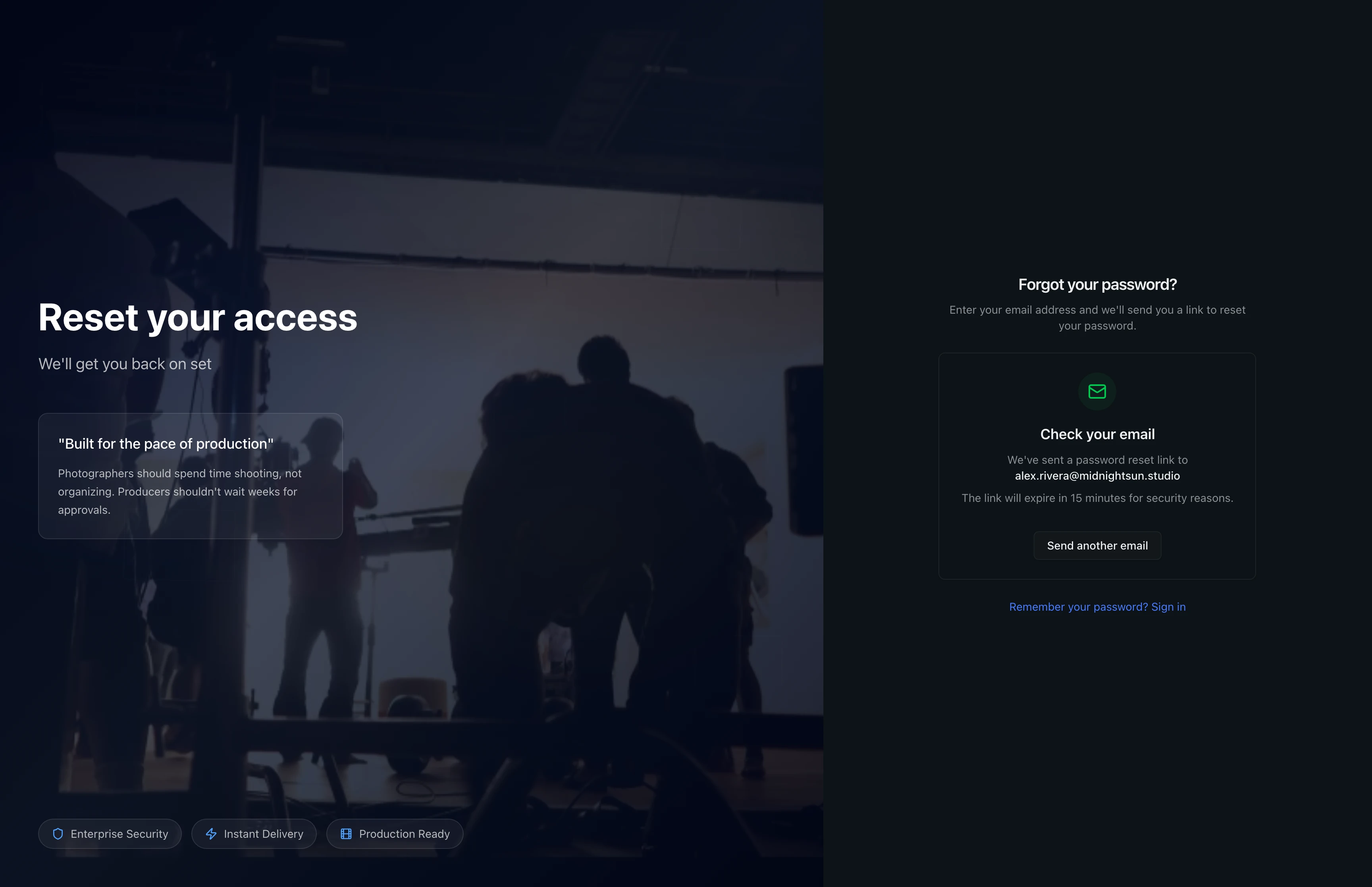 Confirmation message showing that a password reset email has been sent