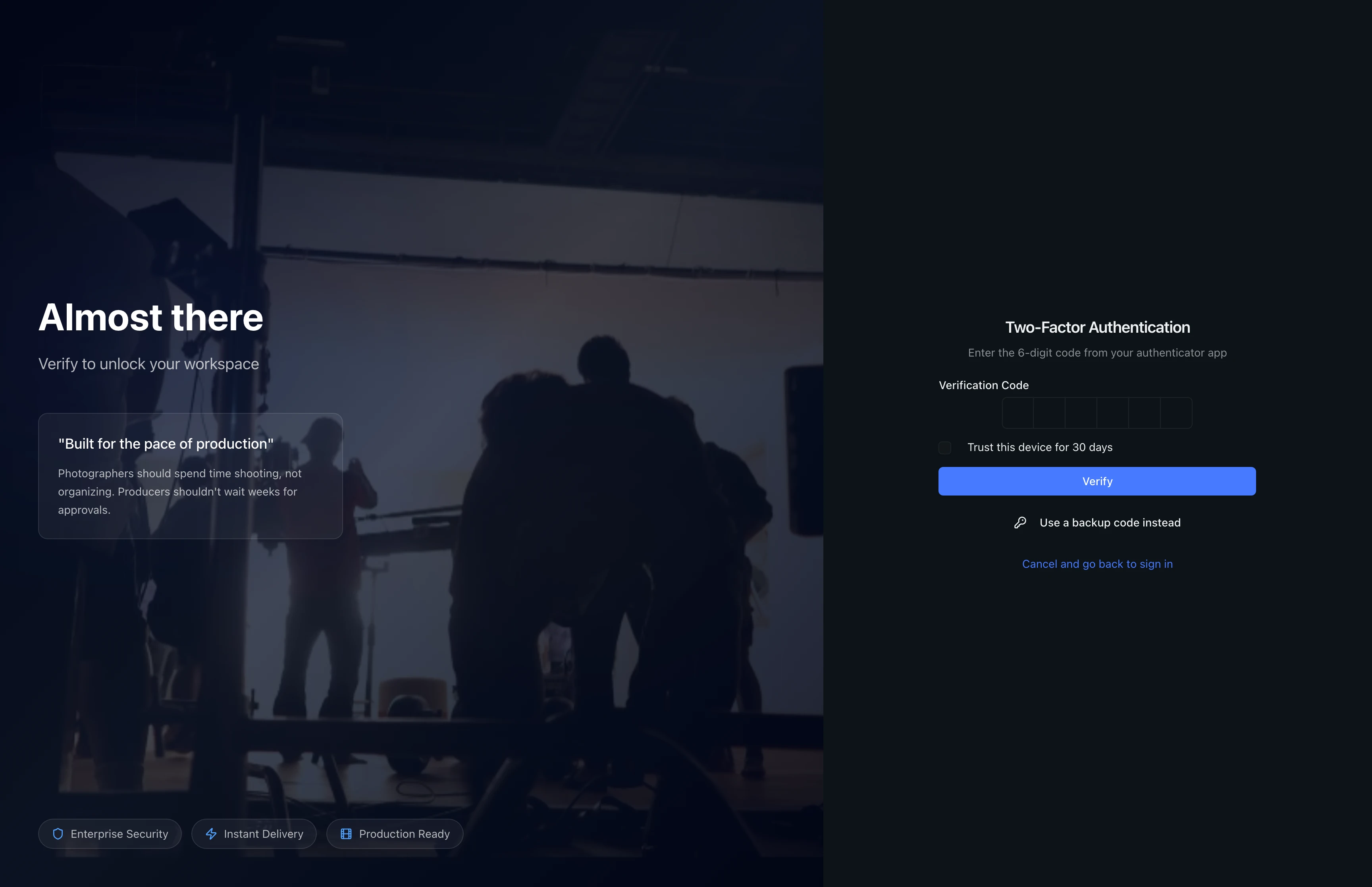 Two-factor authentication page with verification code input, trust device checkbox, and backup code option