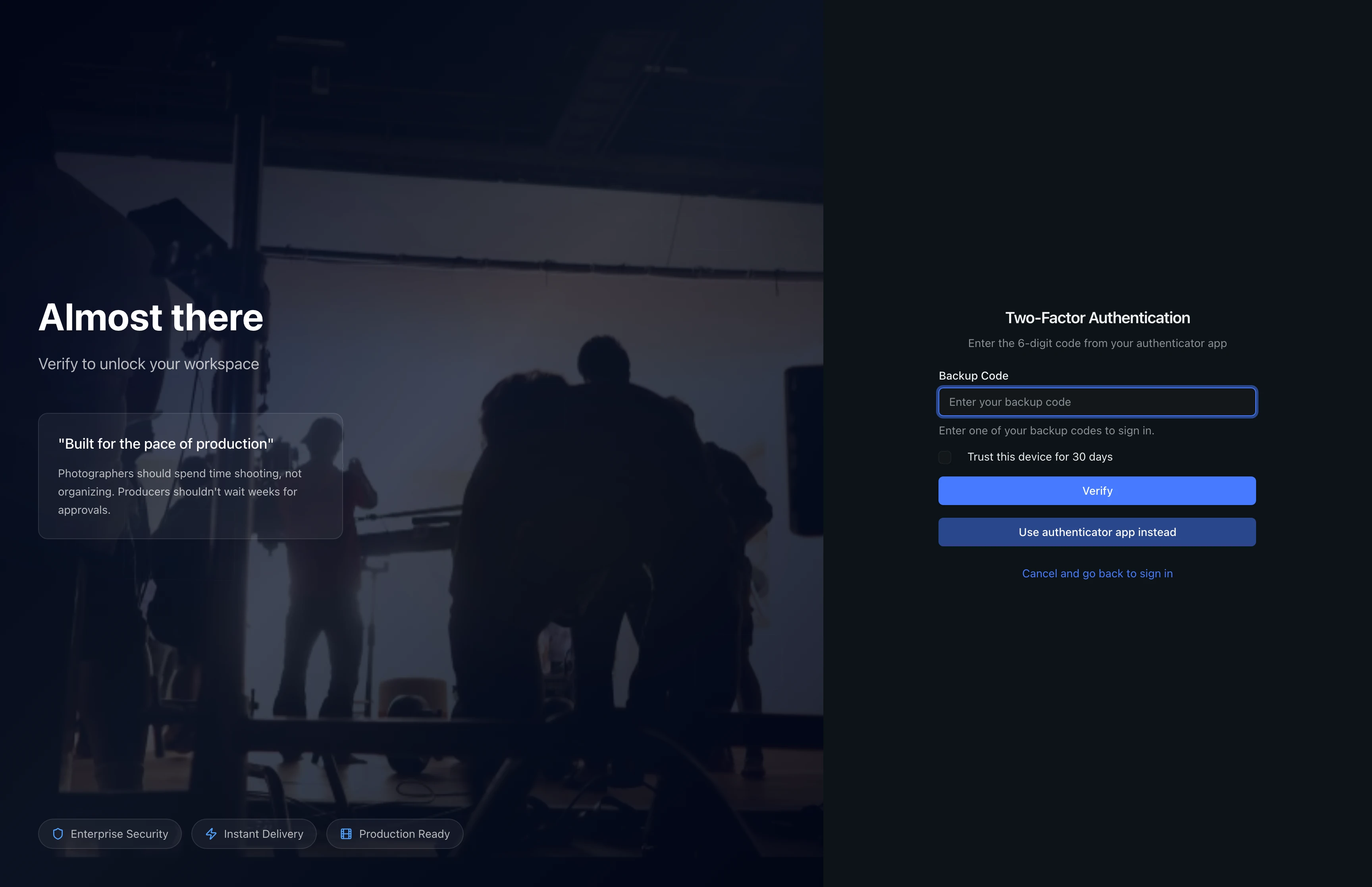 Backup code entry form with a text input field, trust device checkbox, and option to switch back to authenticator app