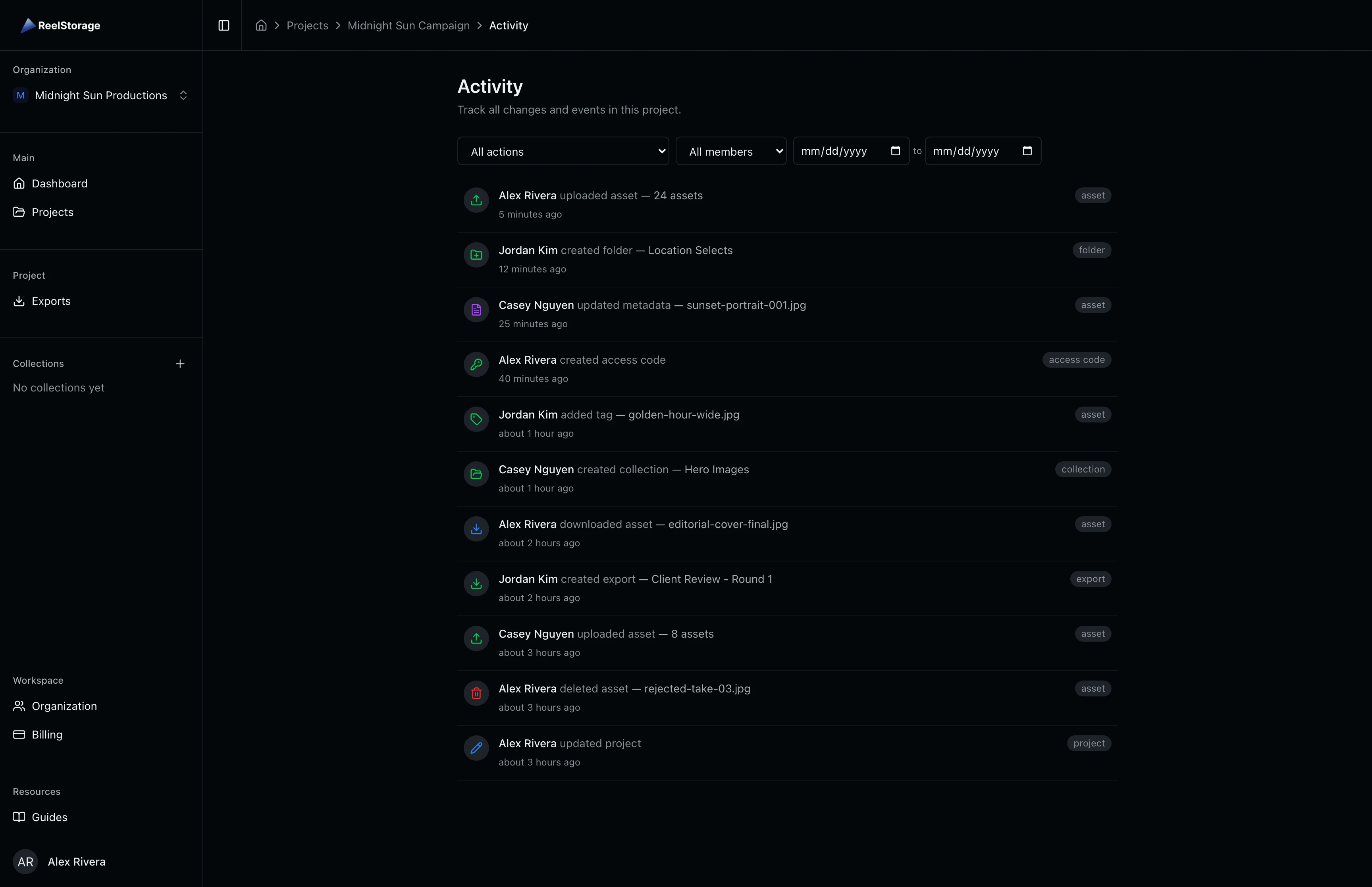Activity log page showing a timeline of project events from Alex Rivera, Jordan Kim, and Casey Nguyen with action icons and timestamps