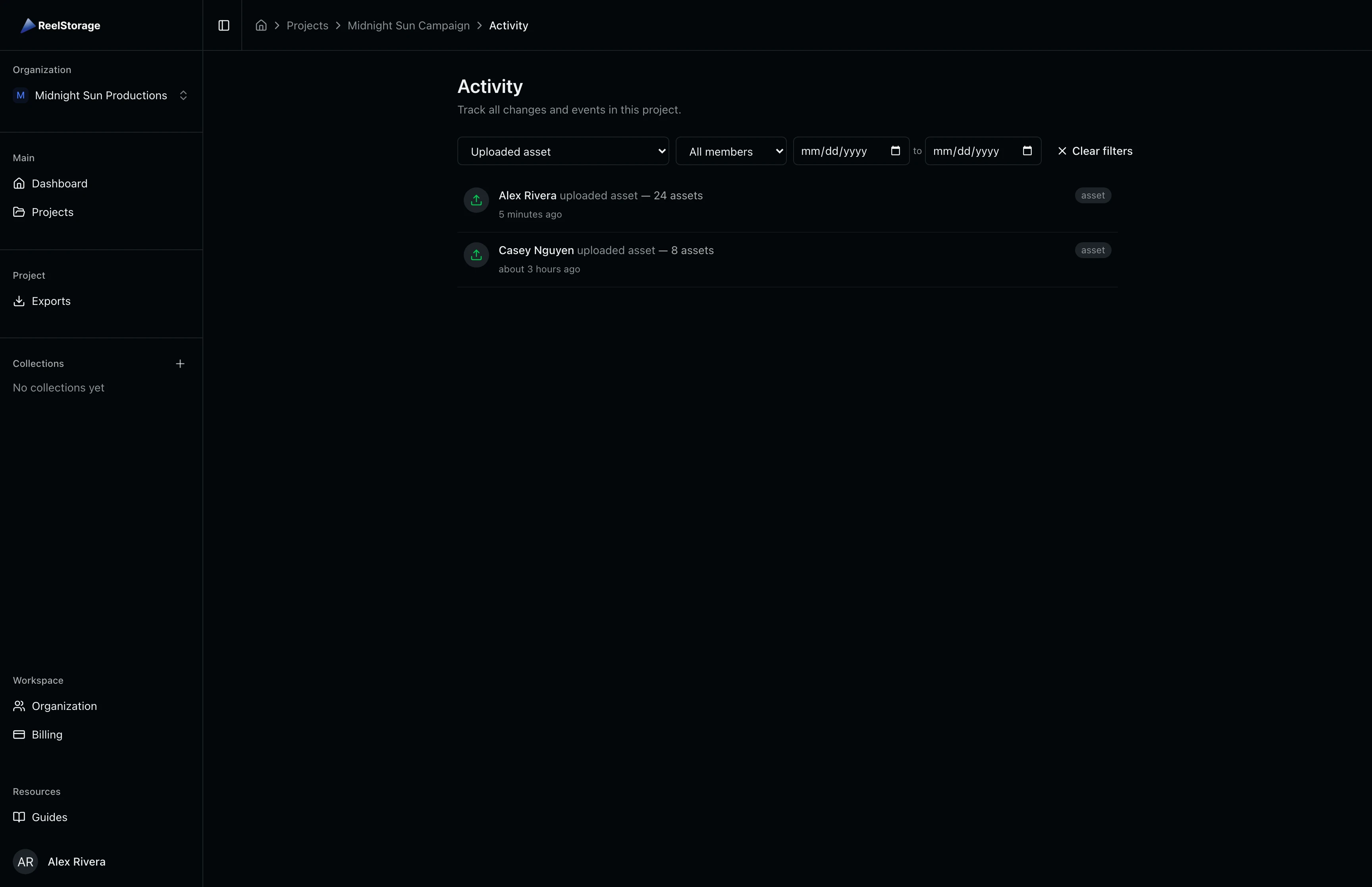 Activity log filtered to show only uploaded asset entries from Alex Rivera and Casey Nguyen