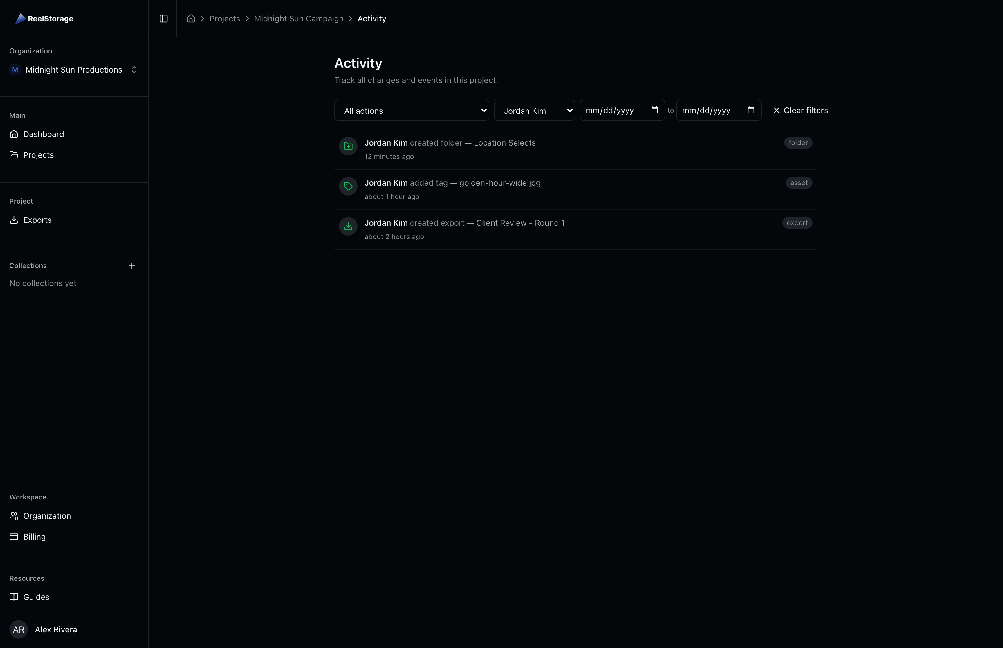 Activity log filtered to show only Jordan Kim's actions including folder creation, tag additions, and export creation
