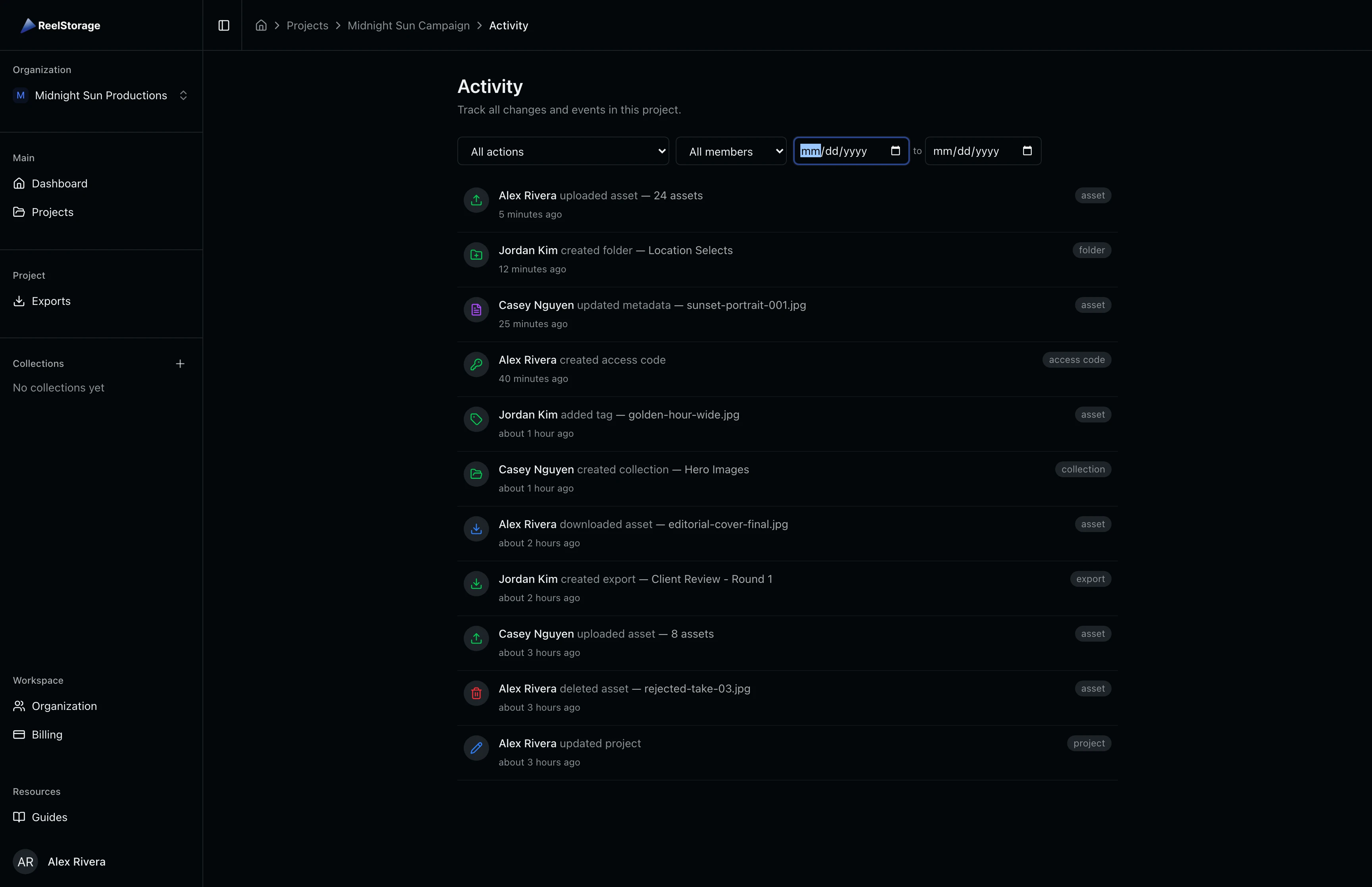 Activity log filter bar with the From date input field focused, showing date range controls alongside action and member filters