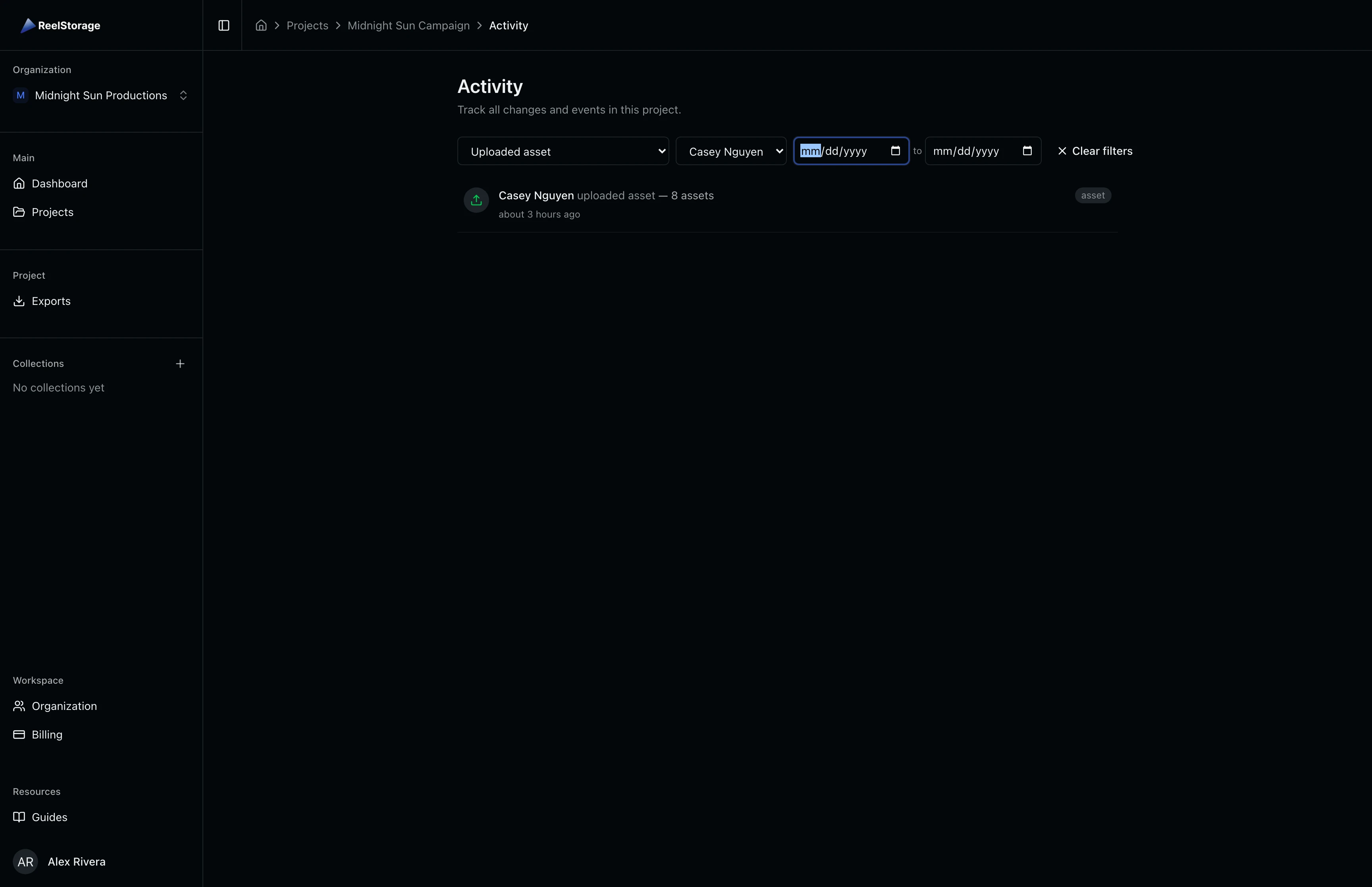 Activity log with Uploaded asset and Casey Nguyen filters active together, showing only Casey's upload entries