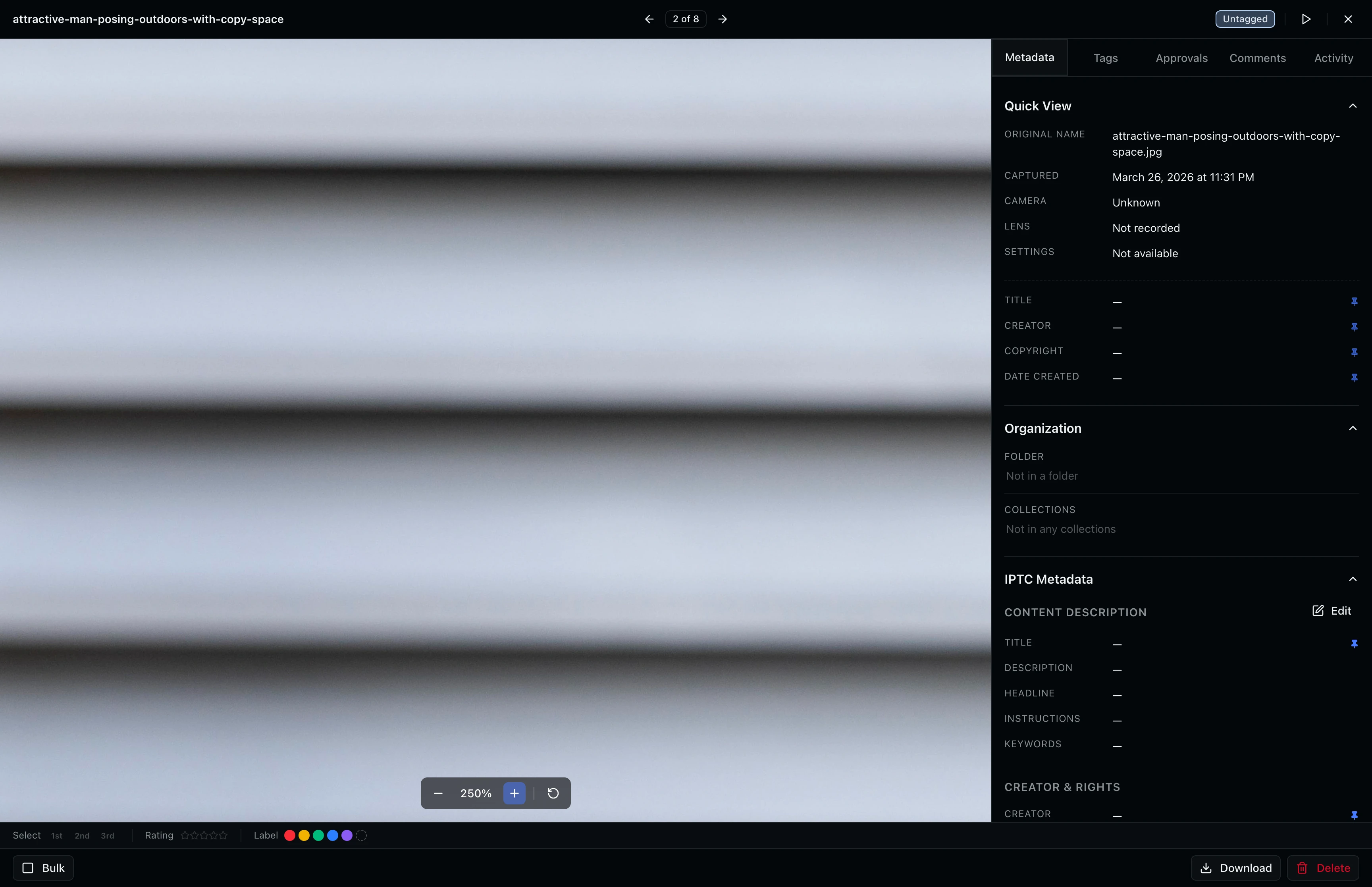 Zoomed image with zoom controls at the bottom showing zoom percentage and reset button