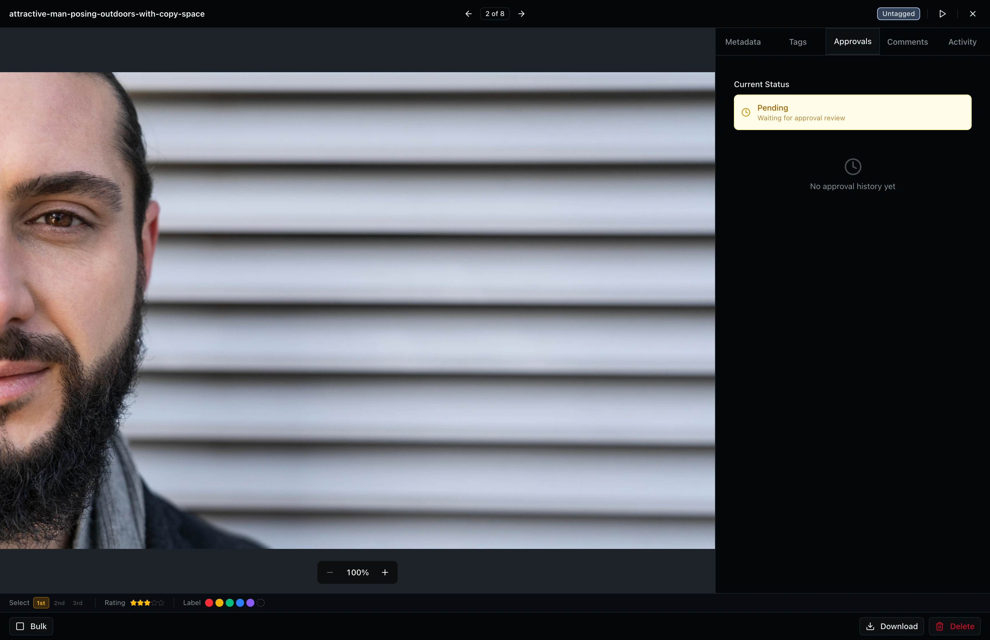 Approvals sidebar tab showing approval status per talent