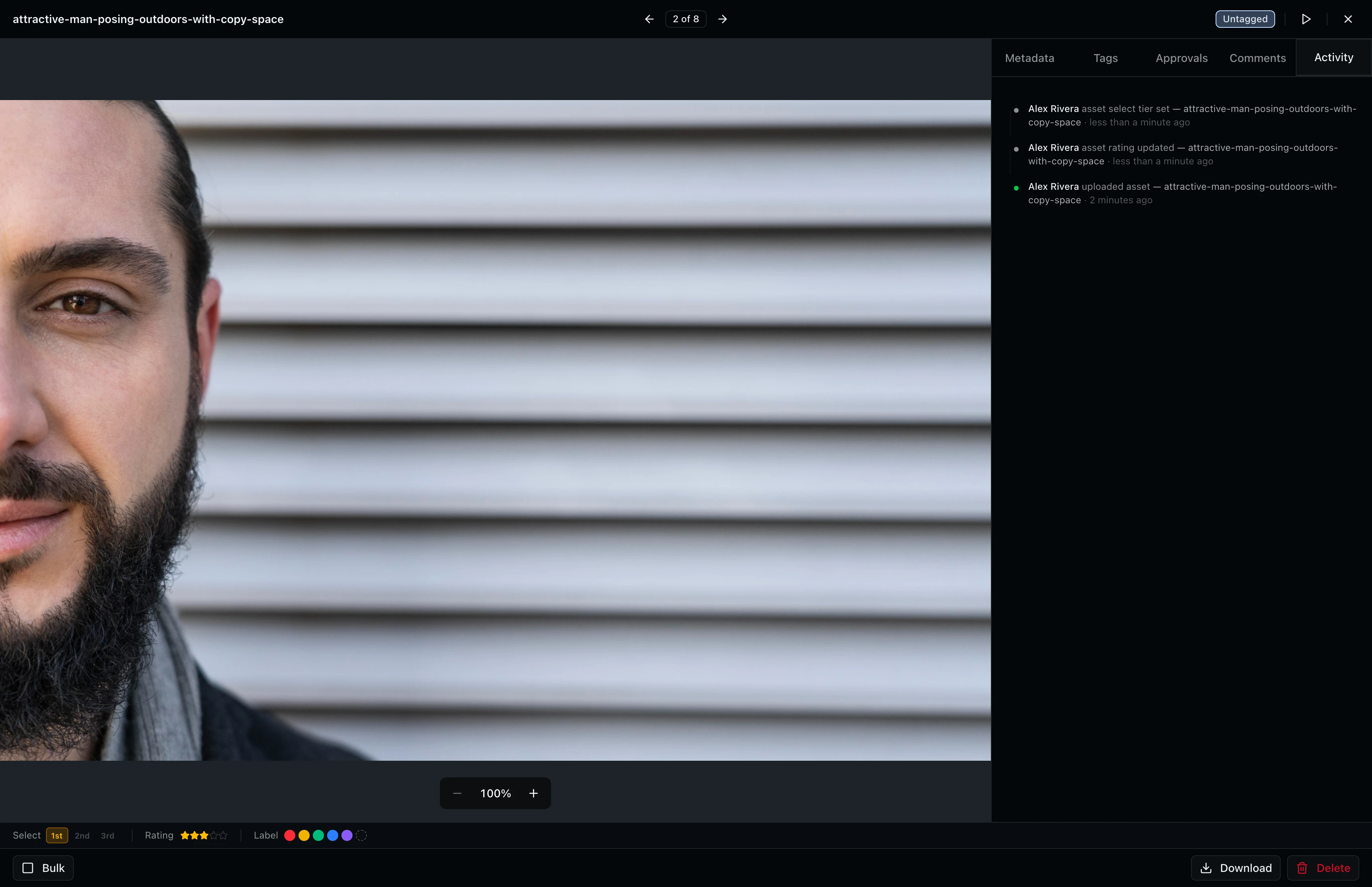 Activity sidebar tab showing chronological log of asset events