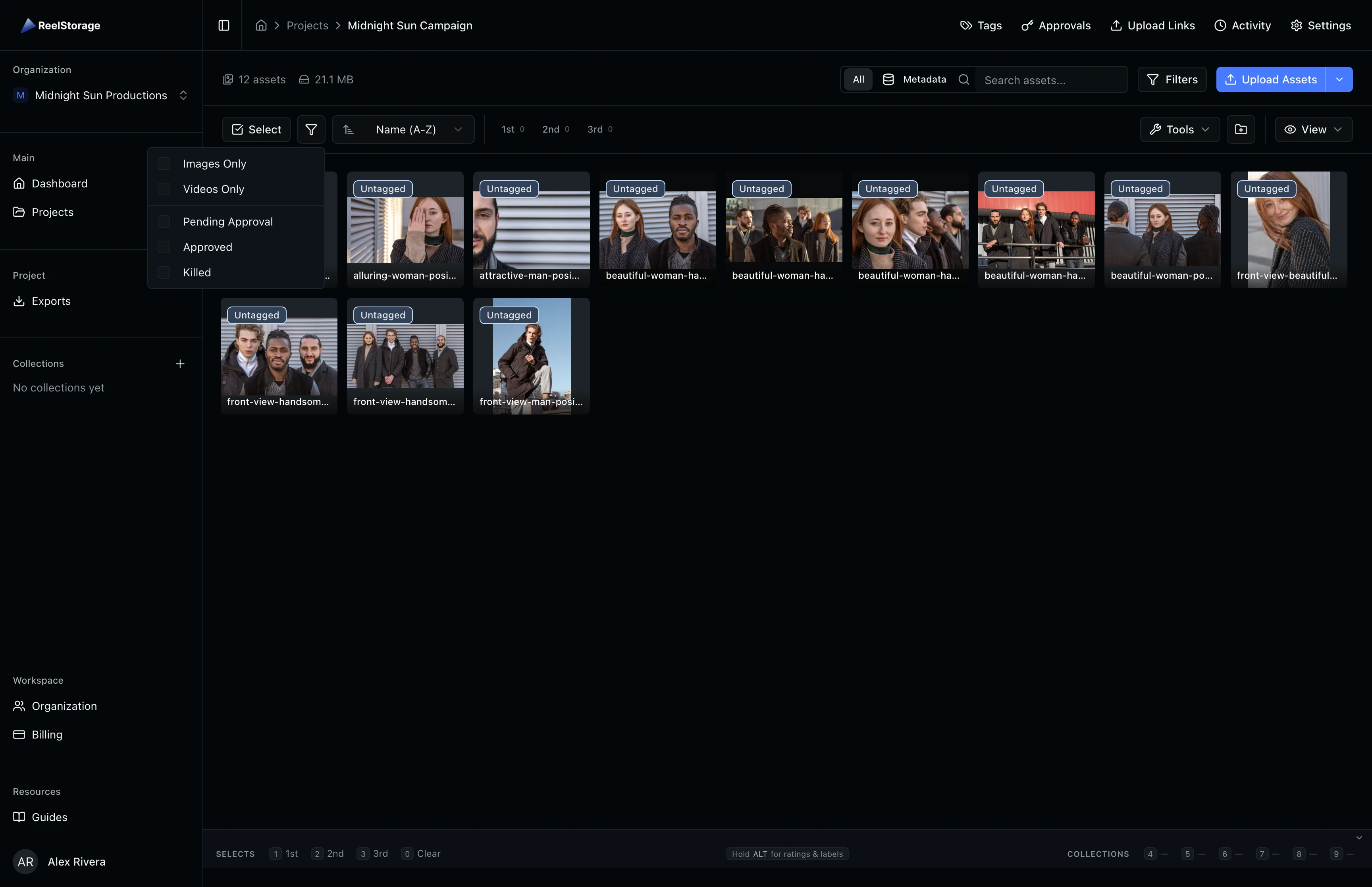 Filter dropdown showing file type and approval status filter options