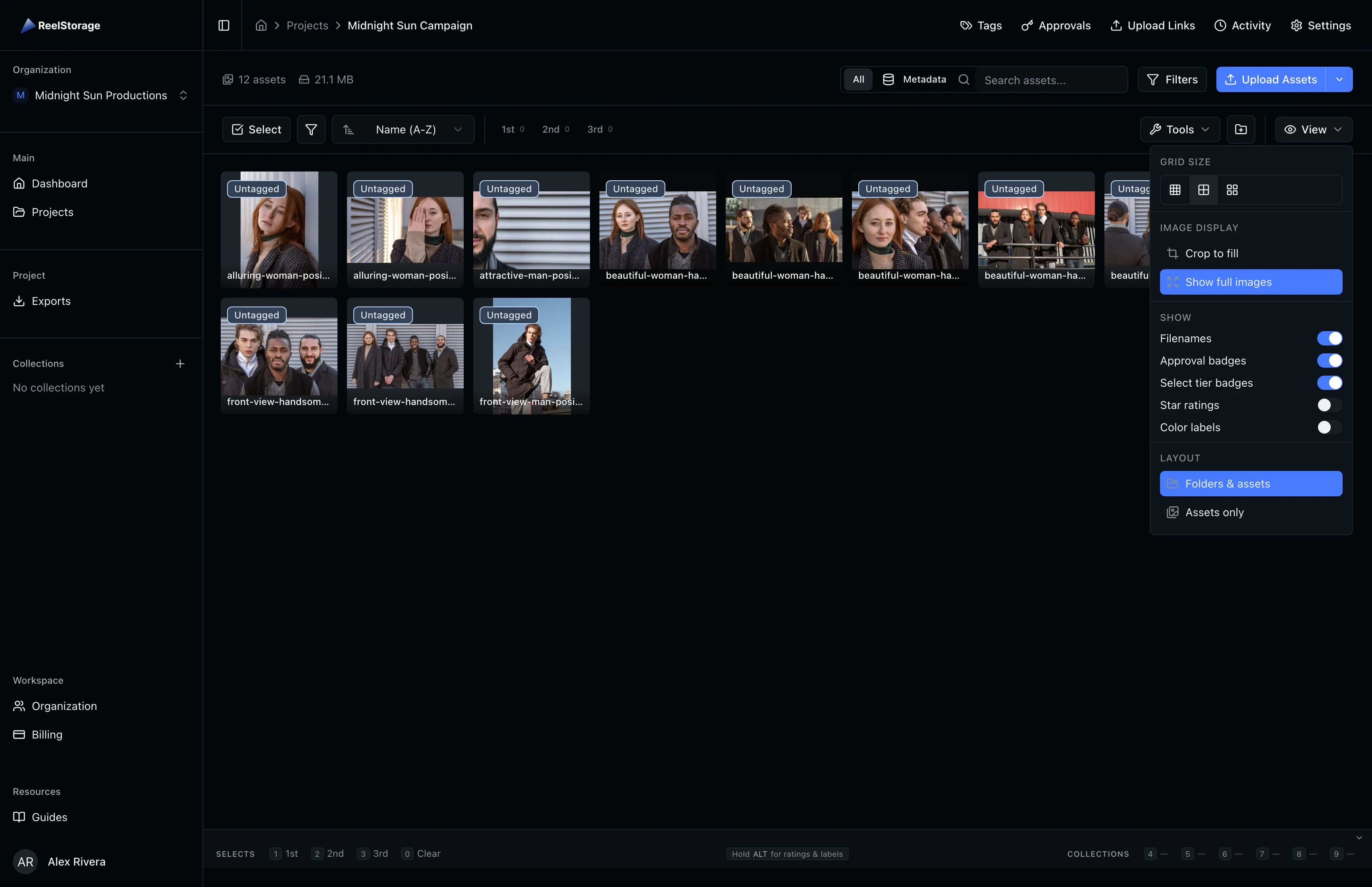View settings popover showing grid size, overlay toggles, and layout options