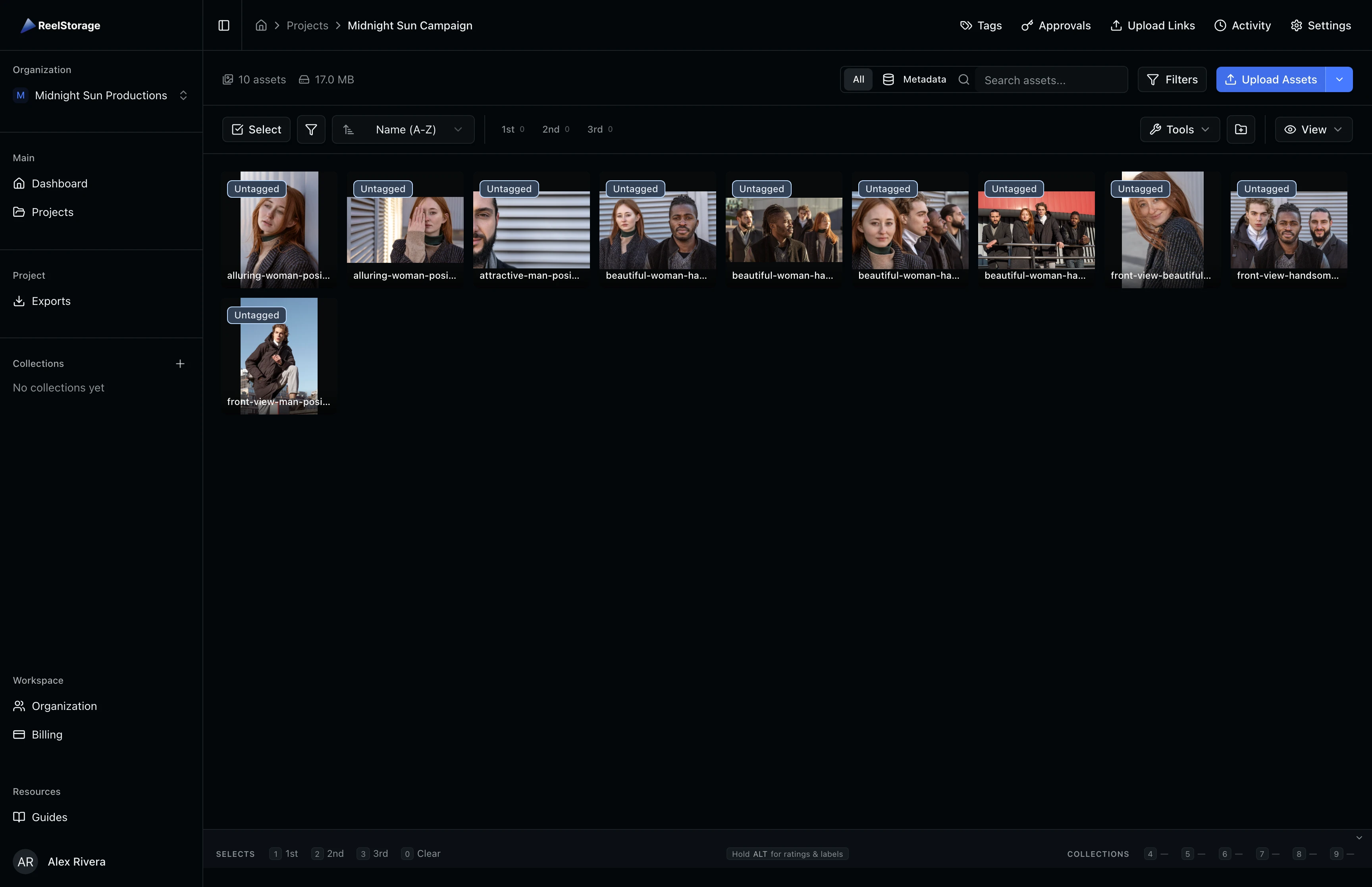 Project page showing the asset grid and Collections section in the sidebar