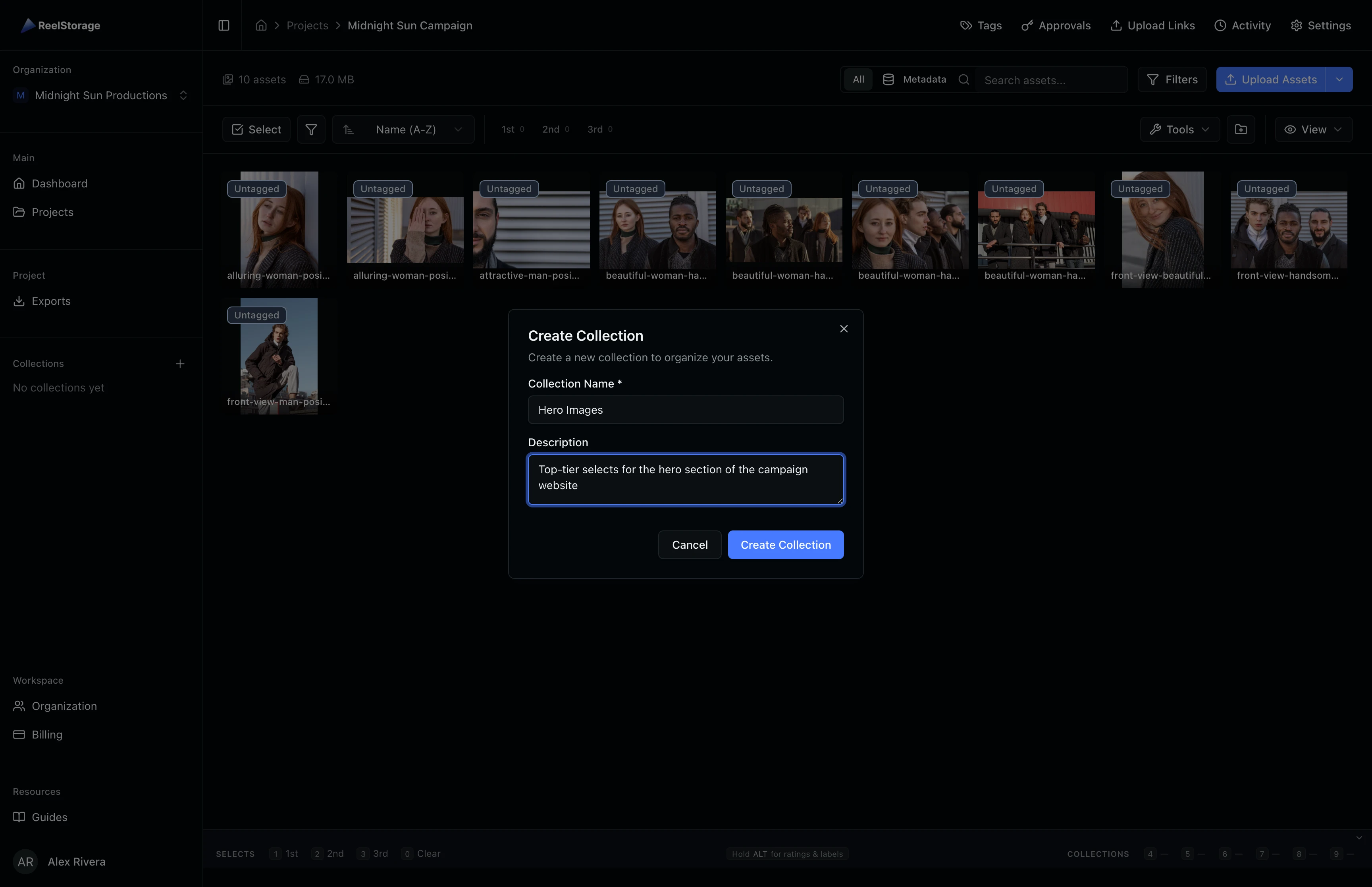 Create Collection dialog with name and description fields filled in