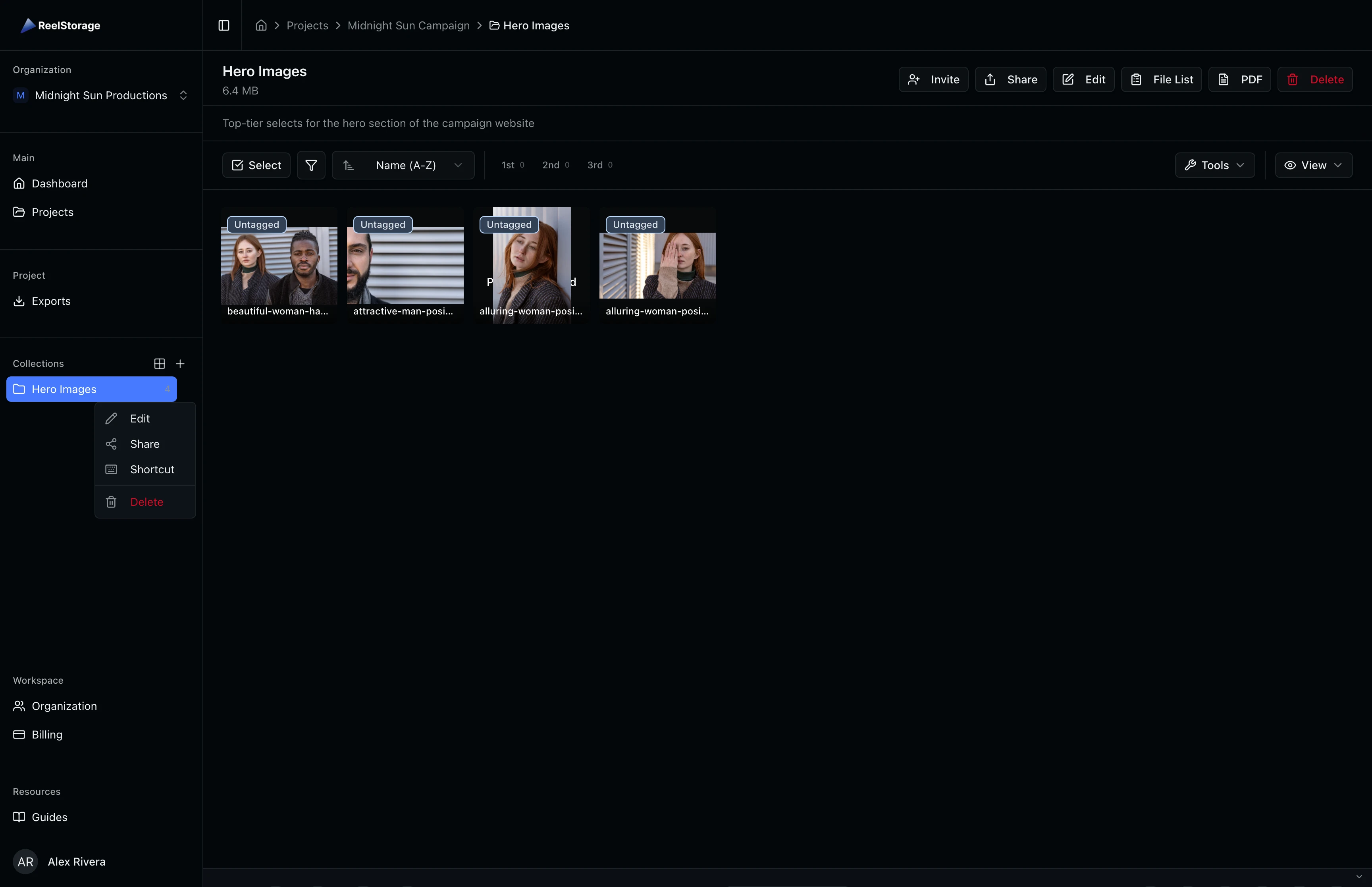 Collection sidebar context menu showing Edit, Share, Shortcut, and Delete options
